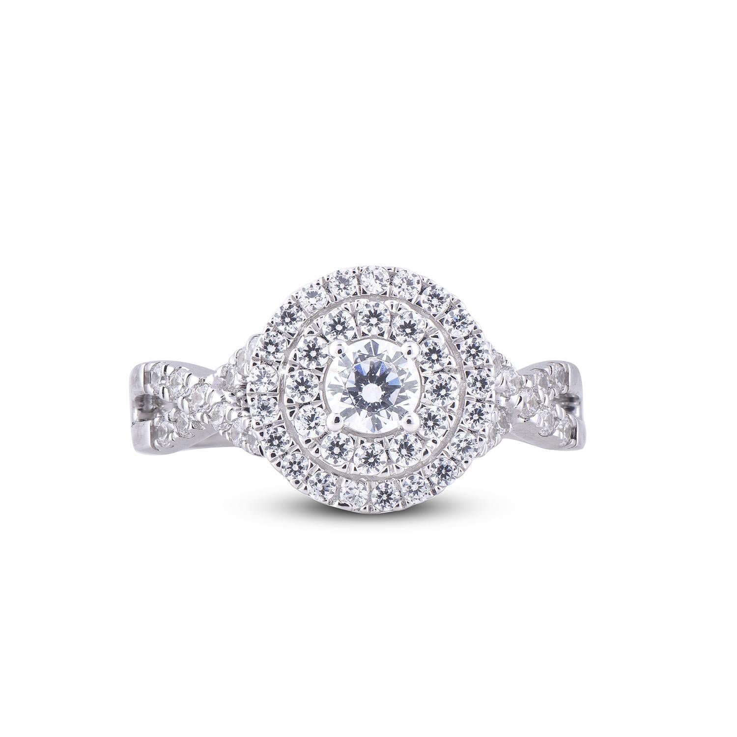 Round Cut TJD 1.00 Carat Round Diamond 18 Karat White Gold Halo Bridal Engagement Ring For Sale