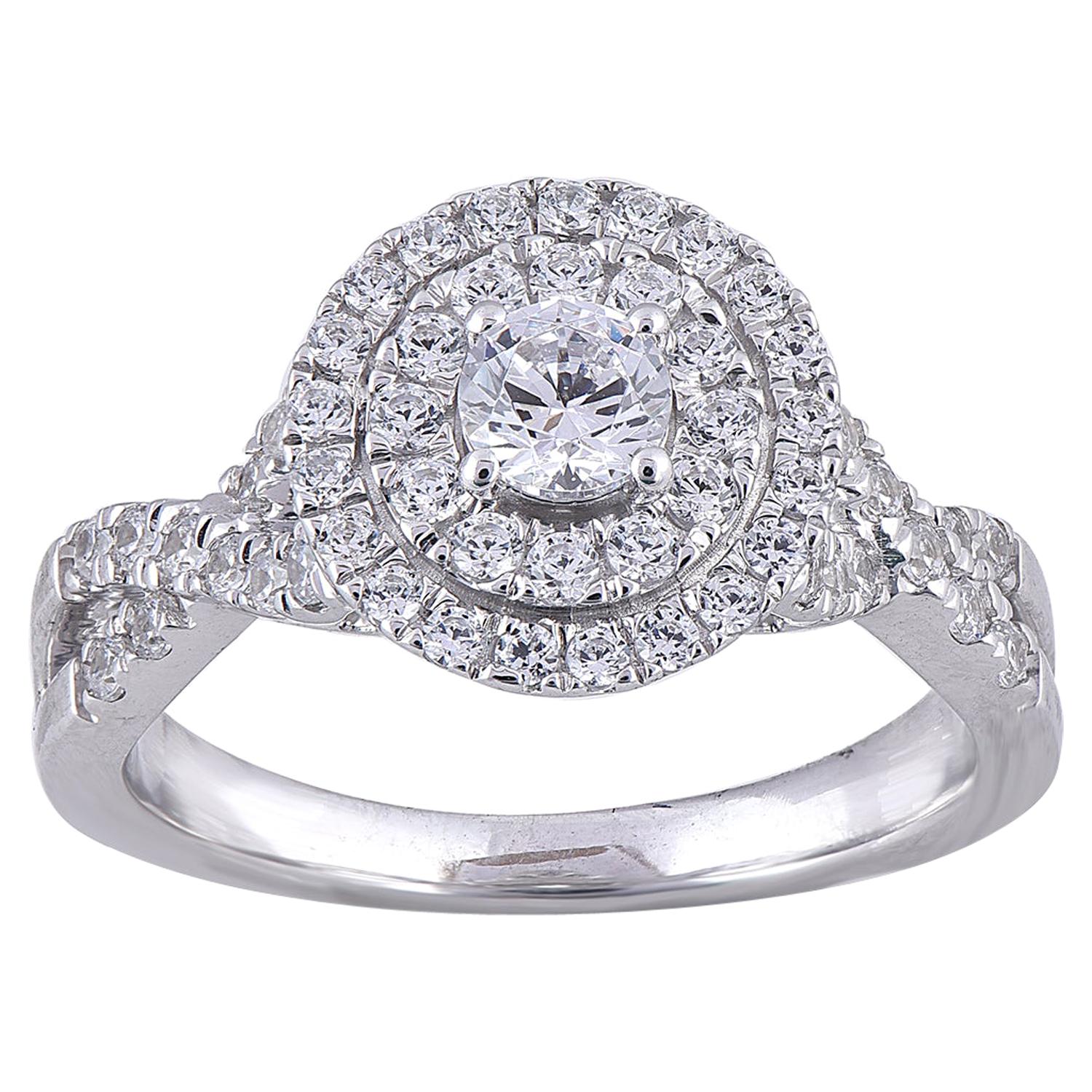 TJD 1.00 Carat Round Diamond 18 Karat White Gold Halo Bridal Engagement Ring