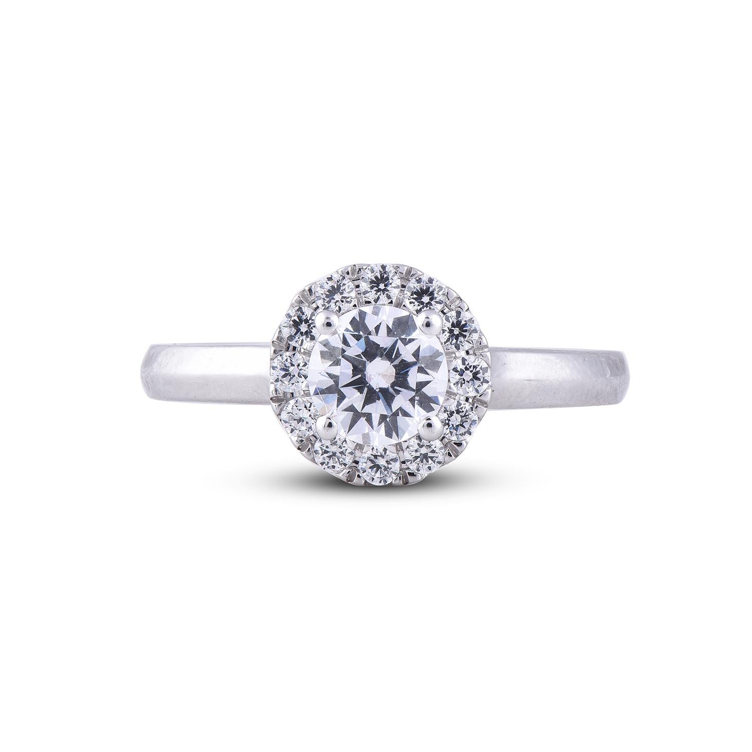 Round Cut TJD 1.00 Carat Round Diamond 18 Karat White Gold Halo Engagement Wedding Ring For Sale