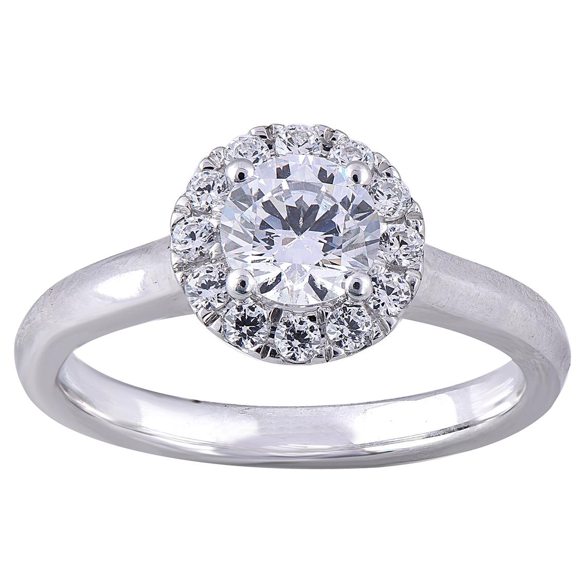 TJD 1.00 Carat Round Diamond 18 Karat White Gold Halo Engagement Wedding Ring For Sale