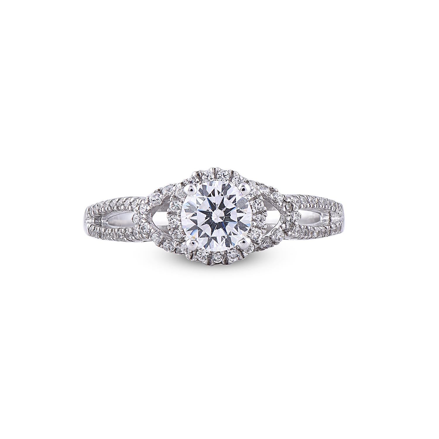 Round Cut TJD 1.00 Carat Round Diamond 18 Karat White Gold Halo Wedding Engagement Ring For Sale
