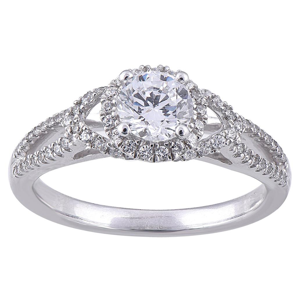 TJD 1.00 Carat Round Diamond 18 Karat White Gold Halo Wedding Engagement Ring For Sale