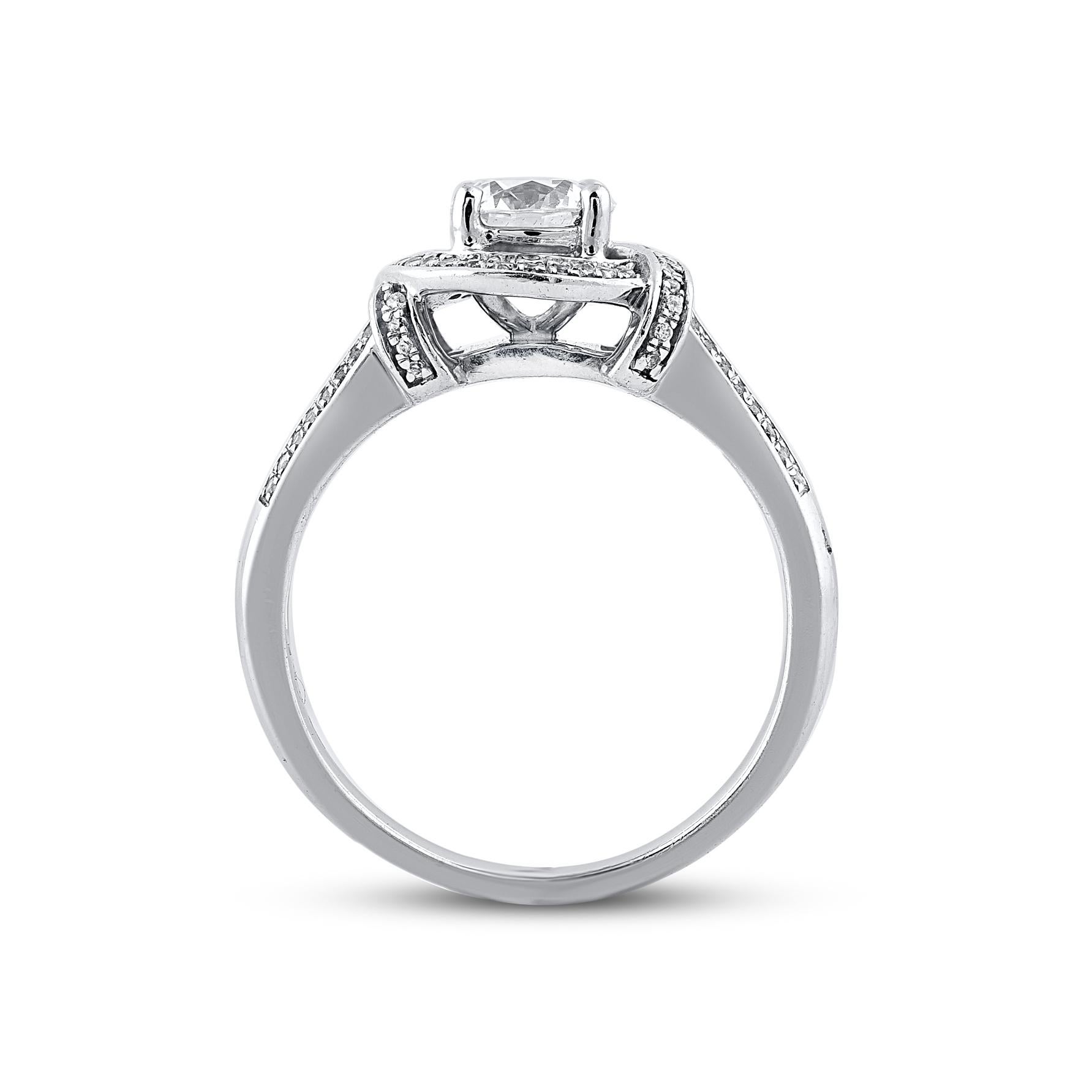 Round Cut TJD 1.00 Carat Round Diamond 18 Karat White Gold Love Knot Engagement Ring For Sale