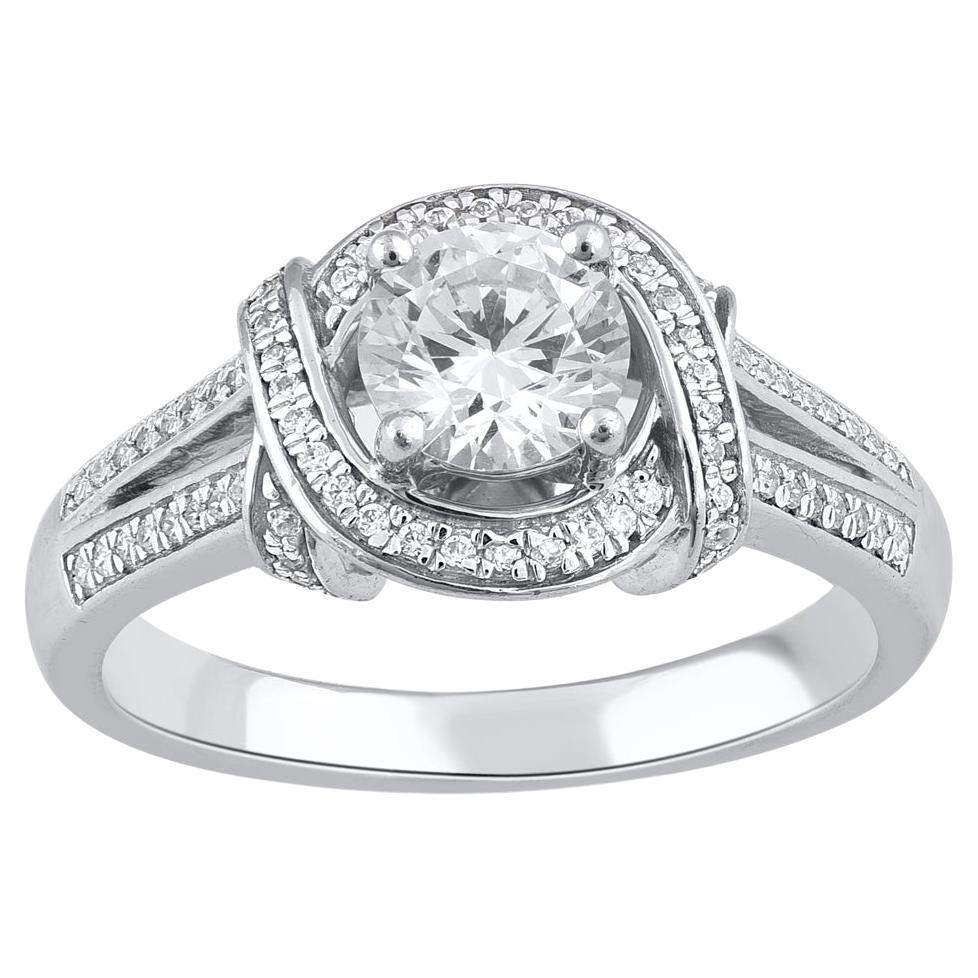 TJD 1.00 Carat Round Diamond 18 Karat White Gold Love Knot Engagement Ring For Sale