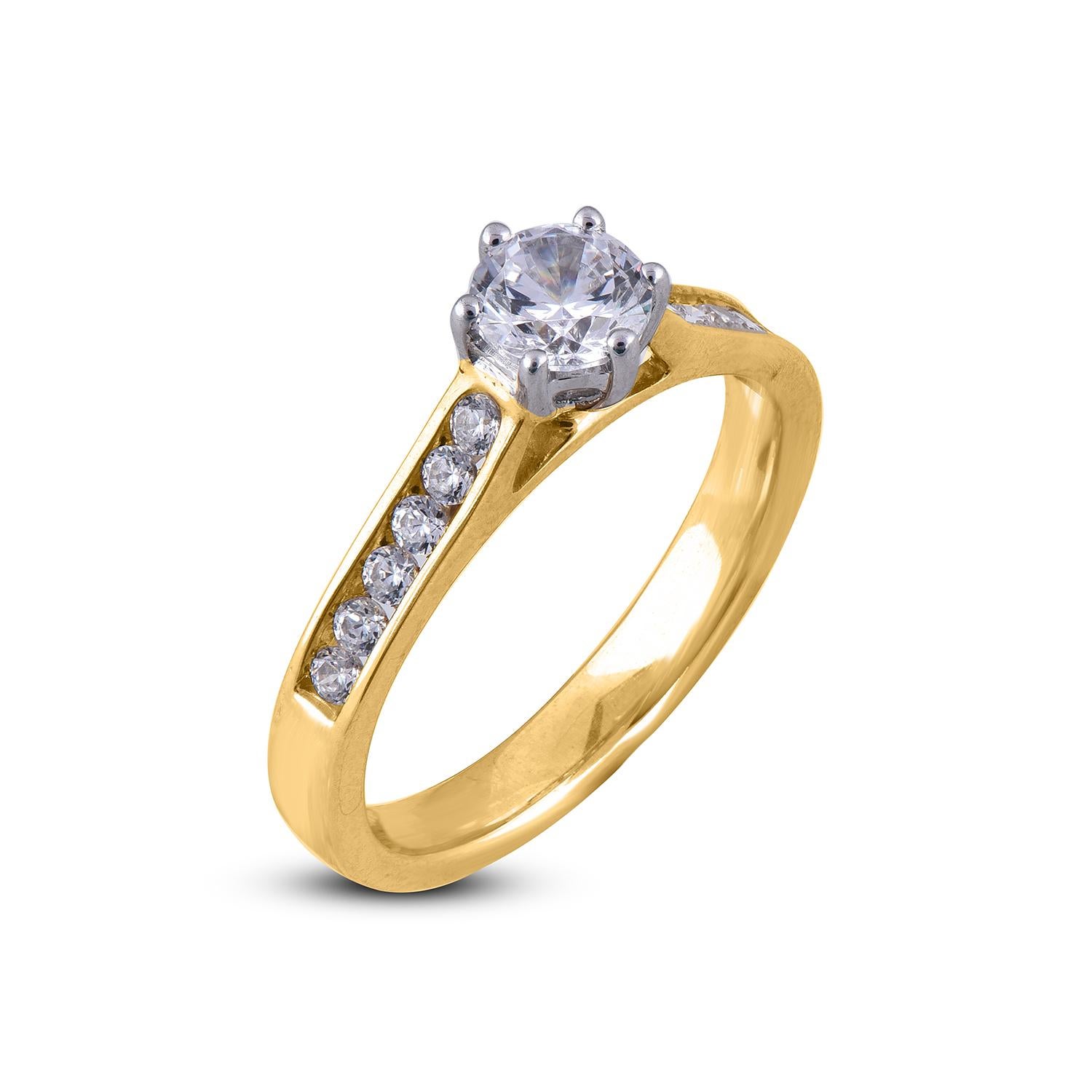 Exquisite diamond bridge accent engagement ring features 0.60 ct centre stone and 0.40 ct of diamond on shank lined diamonds. Expertly Crafted of sparkling 18 karat Yellow gold in high polish finish and set with 13 sparkling round diamonds set in