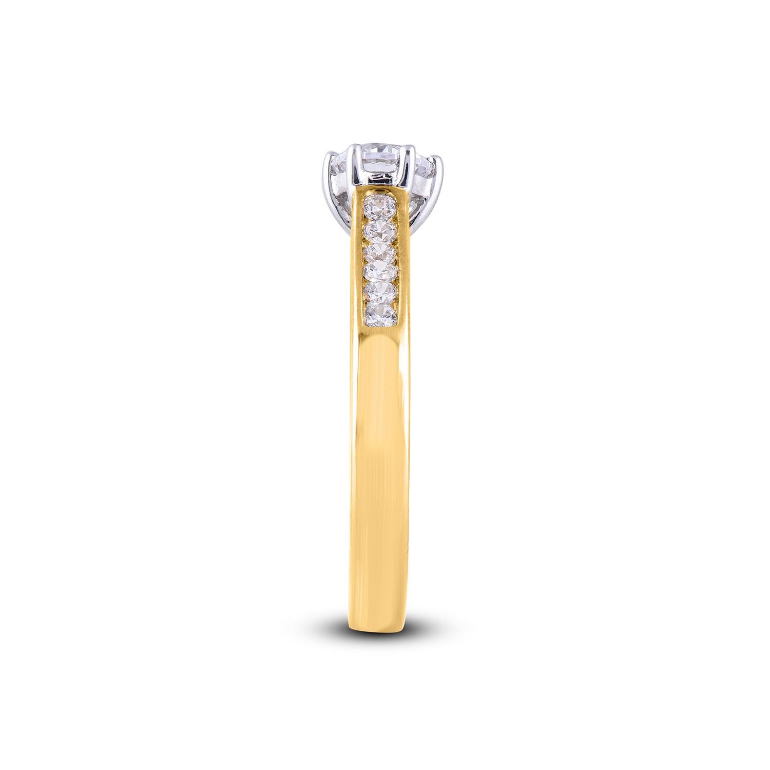 Round Cut TJD 1.00 Carat Round Diamond 18 Karat Yellow Gold Bridge Accent Engagement Ring For Sale