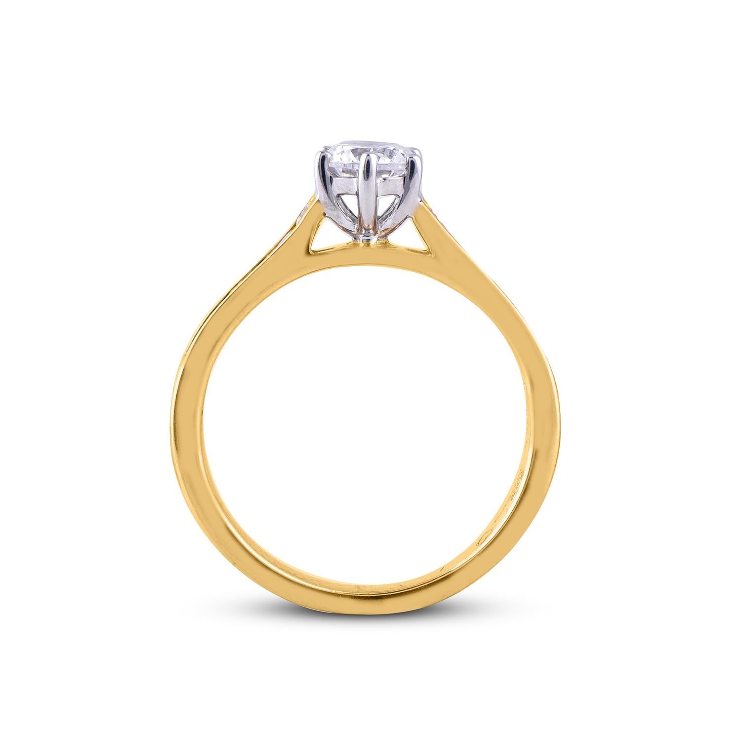 TJD 1.00 Carat Round Diamond 18 Karat Yellow Gold Bridge Accent Engagement Ring In New Condition For Sale In New York, NY