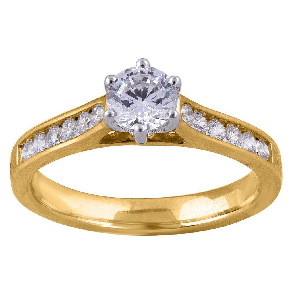 TJD 1.00 Carat Round Diamond 18 Karat Yellow Gold Bridge Accent Engagement Ring For Sale