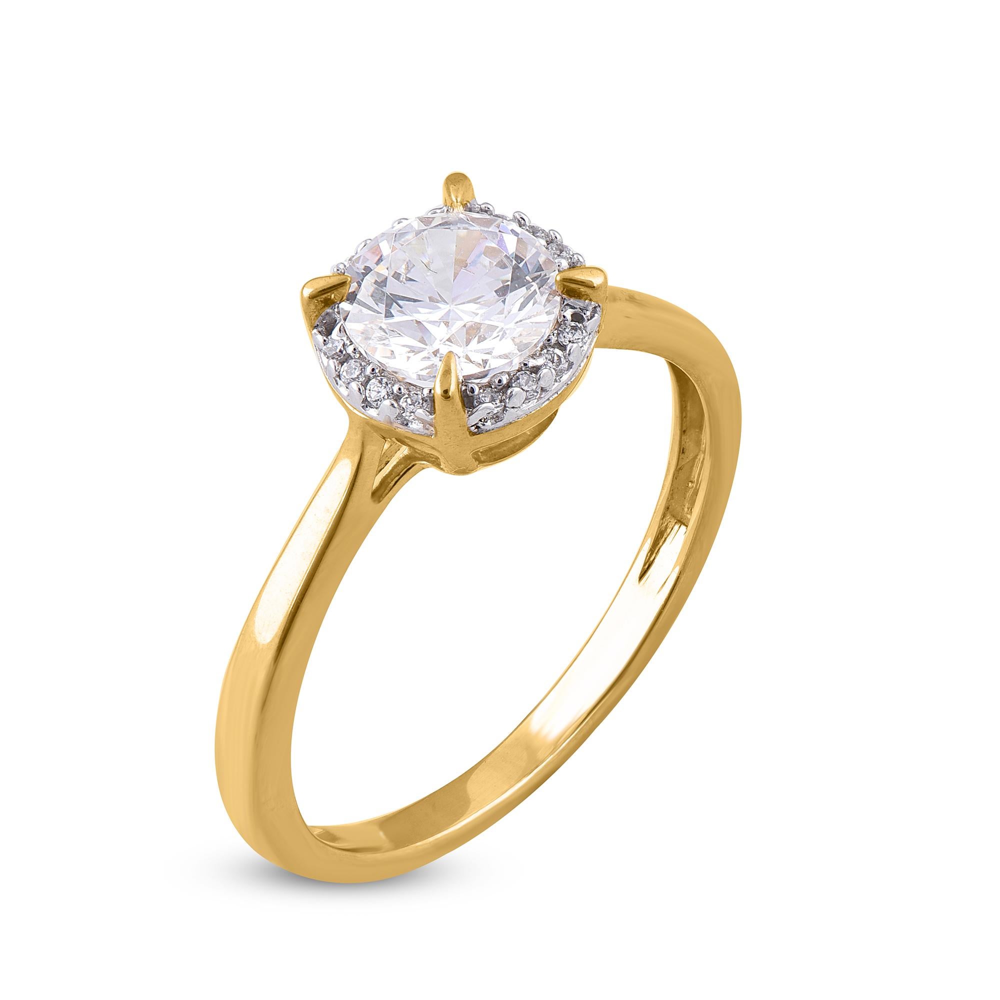 Classic and Contemprory, this diamond ring will enhance her jewelry collection. Embellished with 0.94 ct of centre stone and 0.06 ct of diamond on frame embellished beautifully in prong setting. Hand crafted beautifully in solid 18 kt Yellow gold