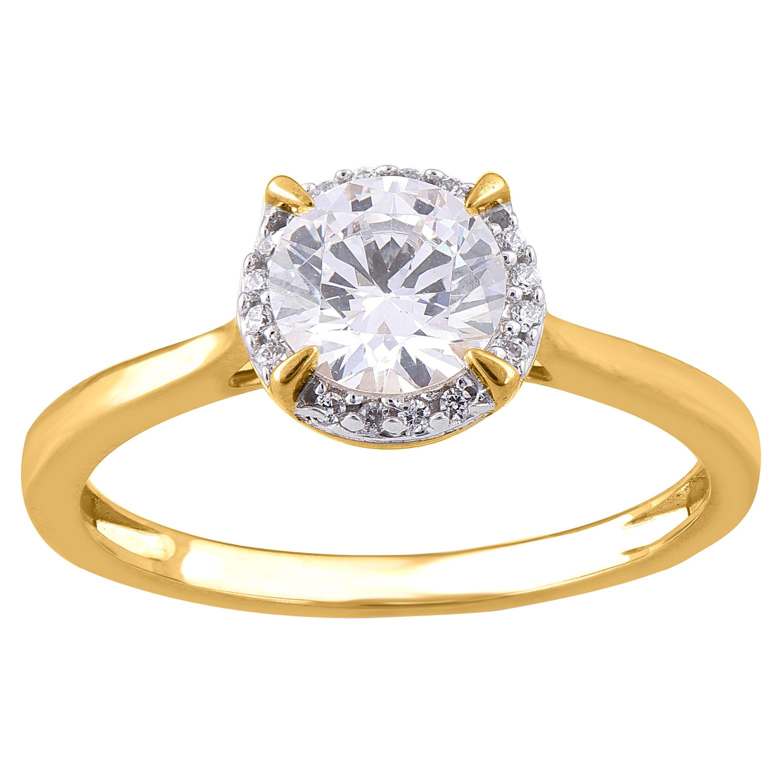 TJD 1.00 Carat Round Diamond 18 Karat Yellow Gold Halo Engagement Ring