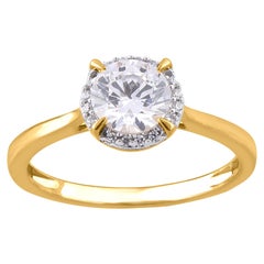 TJD 1.00 Carat Round Diamond 18 Karat Yellow Gold Halo Engagement Ring