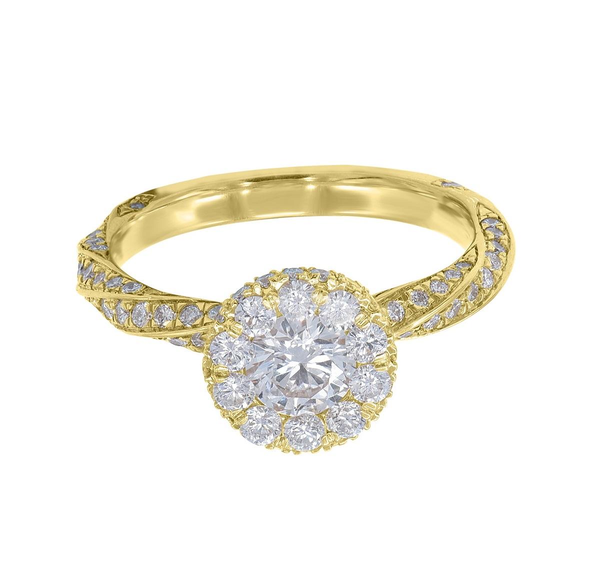 Dieser klassische Diamant-Verlobungsring im Spiraldesign ist wunderschön aus massivem 18-karätigem Gelbgold gefertigt. Der Verlobungsring ist mit einem 0,35-karätigen Mittelstein und einer 0,65-karätigen Diamantfassung ausgestattet, die von Reihen