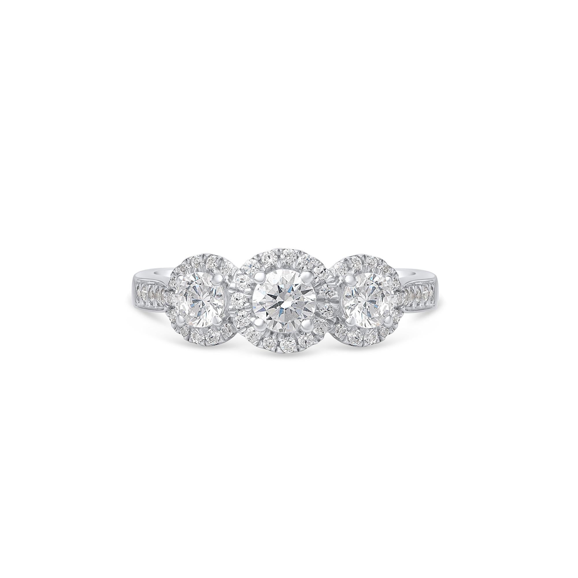 Modern TJD 1.00 Carat Round Diamond 18 KT White Gold 3 Stone Vintage Engagement Ring For Sale