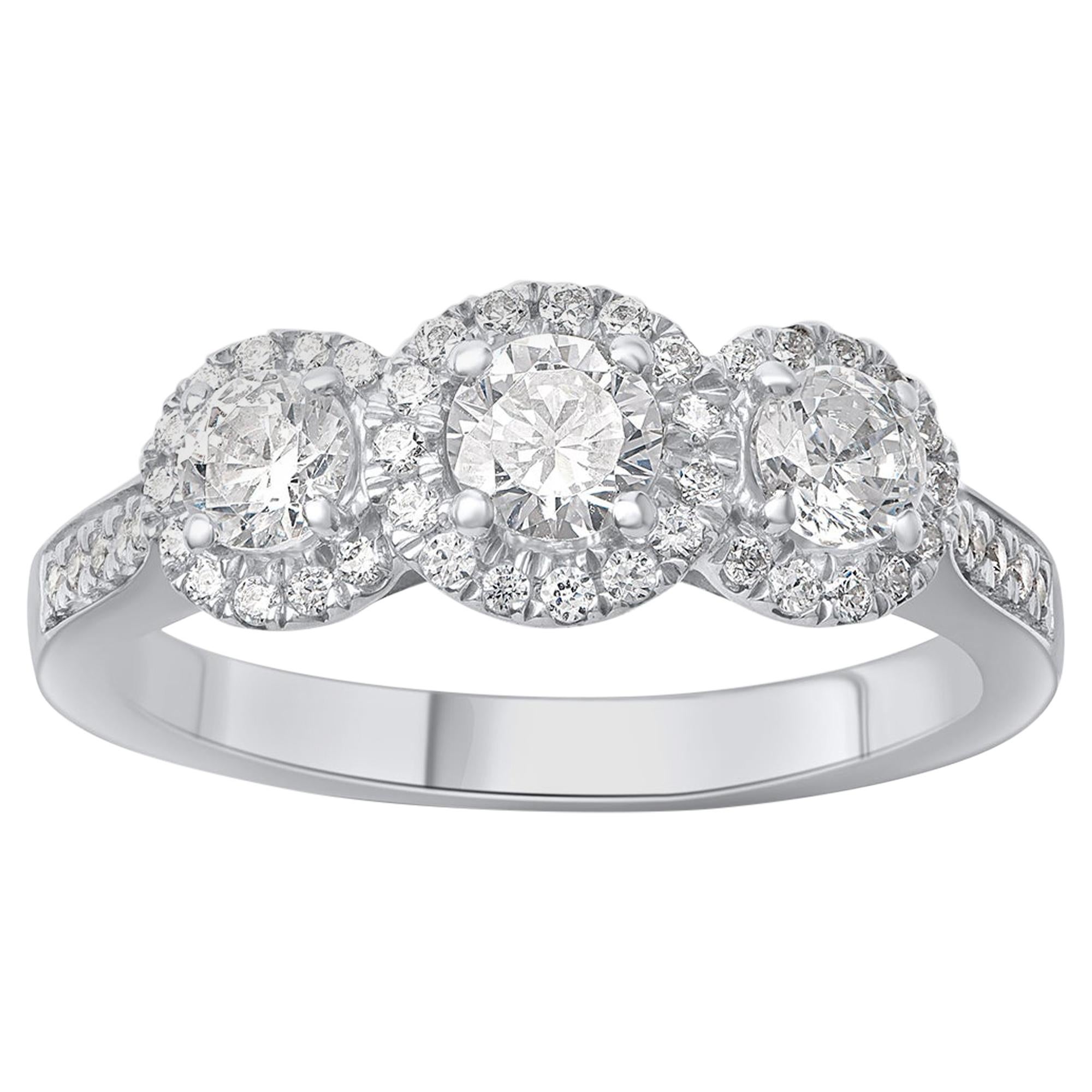 TJD 1.00 Carat Round Diamond 18 KT White Gold 3 Stone Vintage Engagement Ring