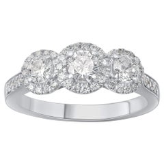 TJD 1.00 Carat Round Diamond 18 KT White Gold 3 Stone Vintage Engagement Ring