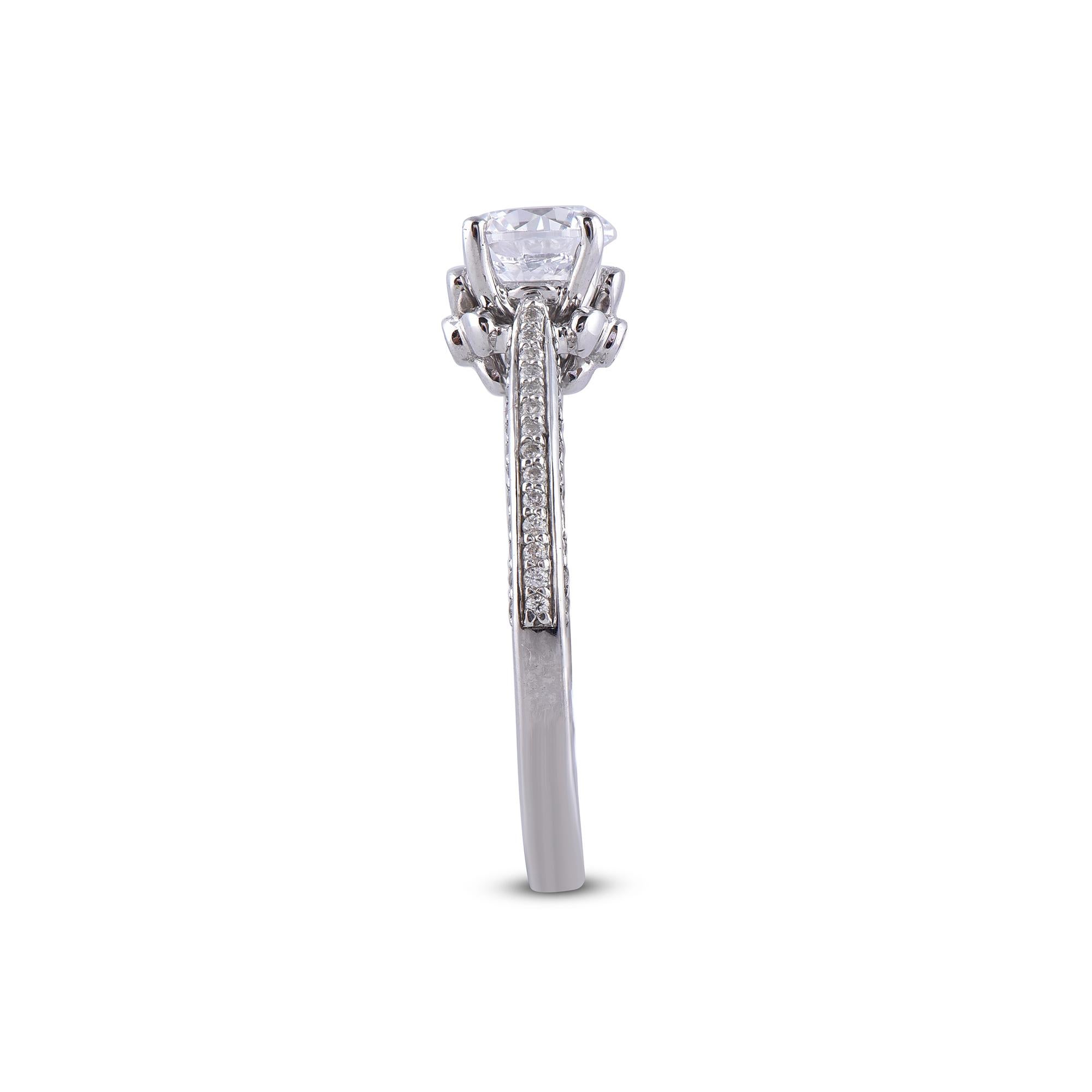 Round Cut TJD 1.00 Carat Round Diamond 18K White Gold Engagement Ring with Shoulder Stones For Sale