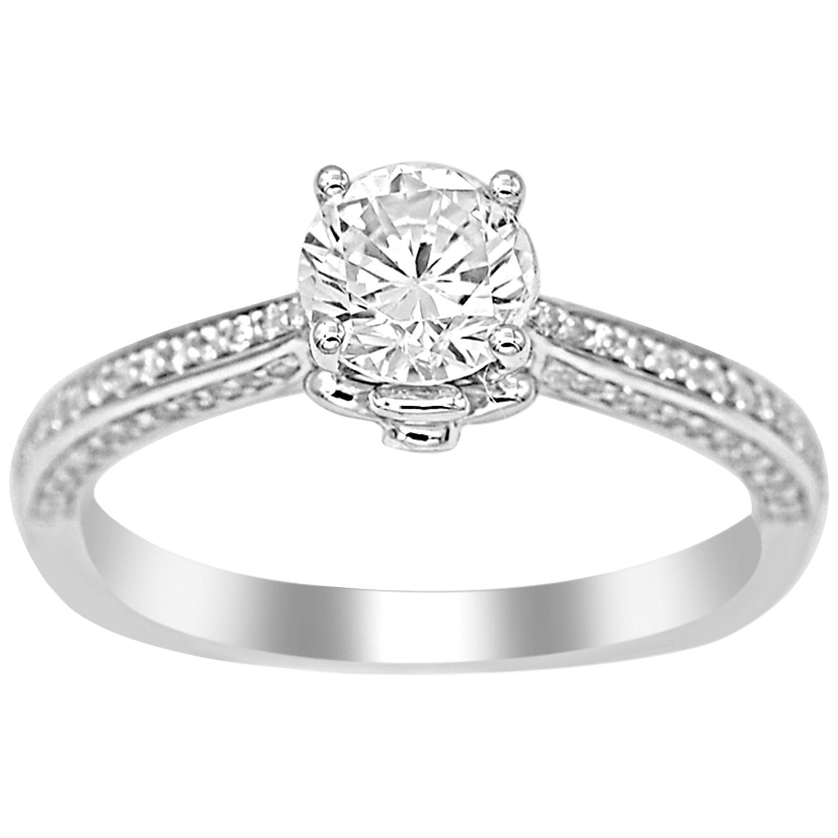 TJD 1.00 Carat Round Diamond 18K White Gold Engagement Ring with Shoulder Stones