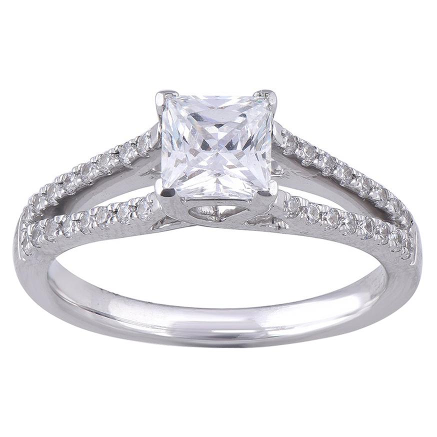 TJD 1.00 Carat Round Diamond 18K White Gold Square Princess Engagement Ring For Sale