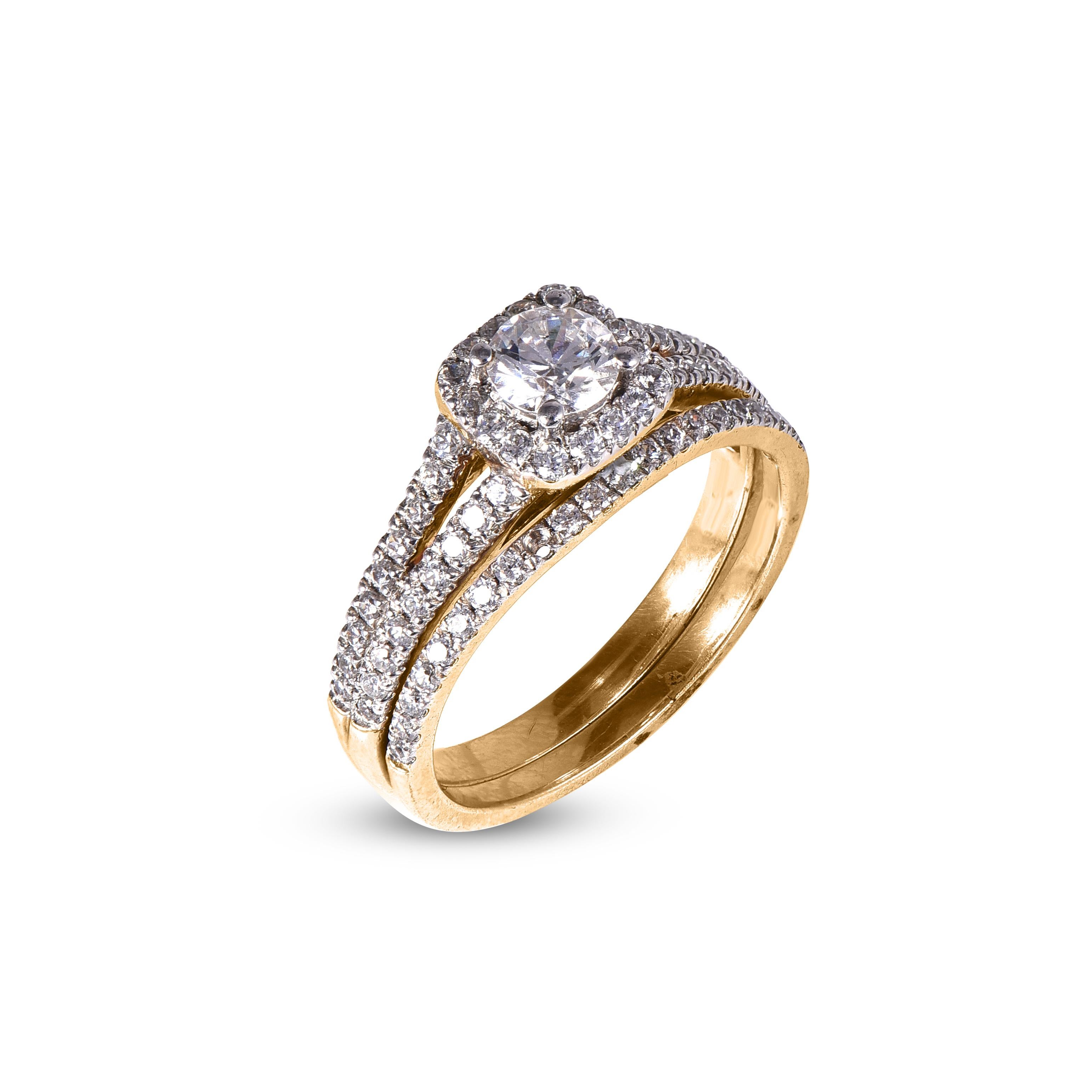 Exquisite 18 kt yellow gold bridal ring featuring 0.40 ct of centre stone and 0.60 ct on diamond frame and split shank engagement band. This ring is superbly detailed to perfection and set with 1.00 carat of sparkling brilliant cut round diamonds in