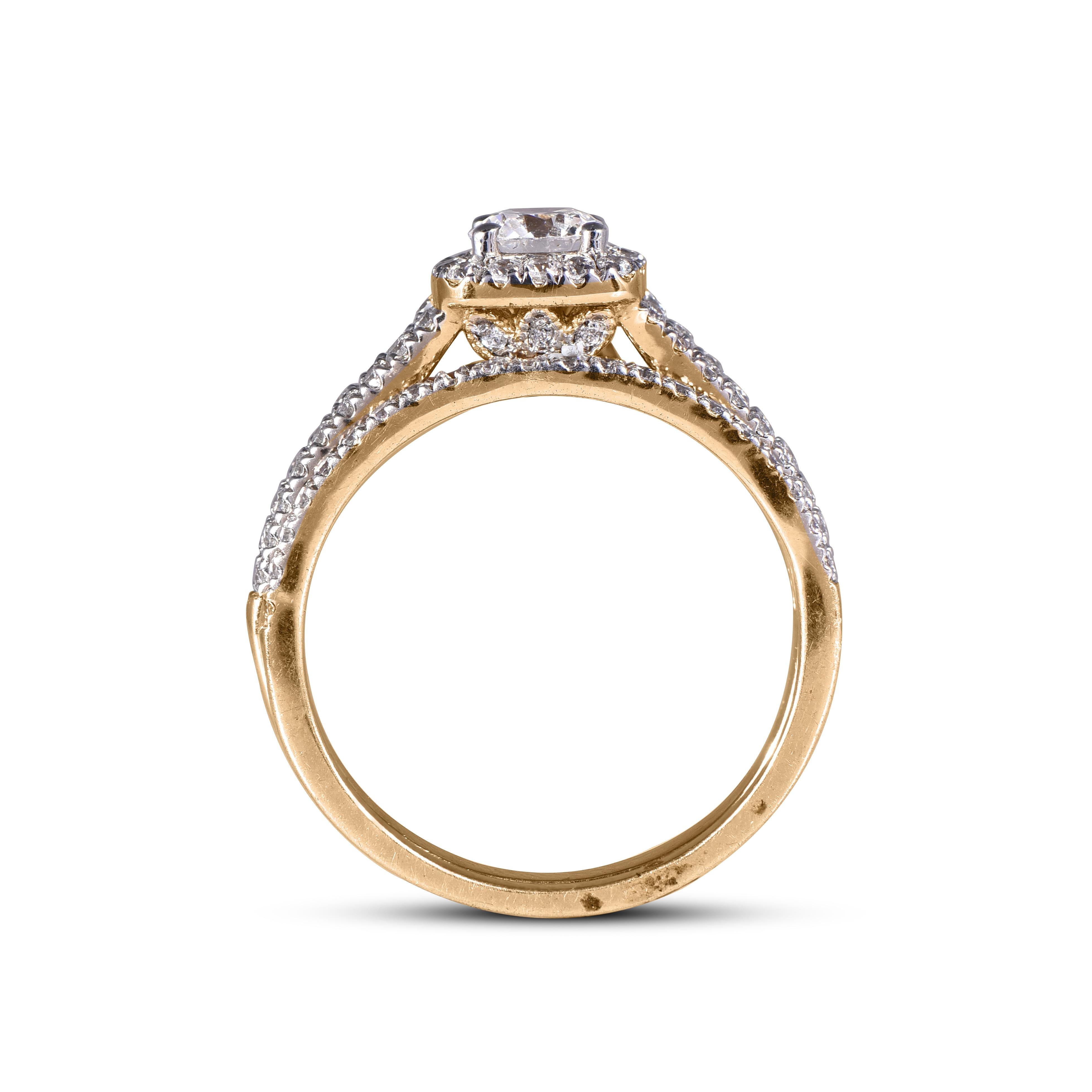 TJD 1.00 Carat Round Diamond 18K Yellow Gold Square Halo Split Shank Bridal Set In New Condition For Sale In New York, NY