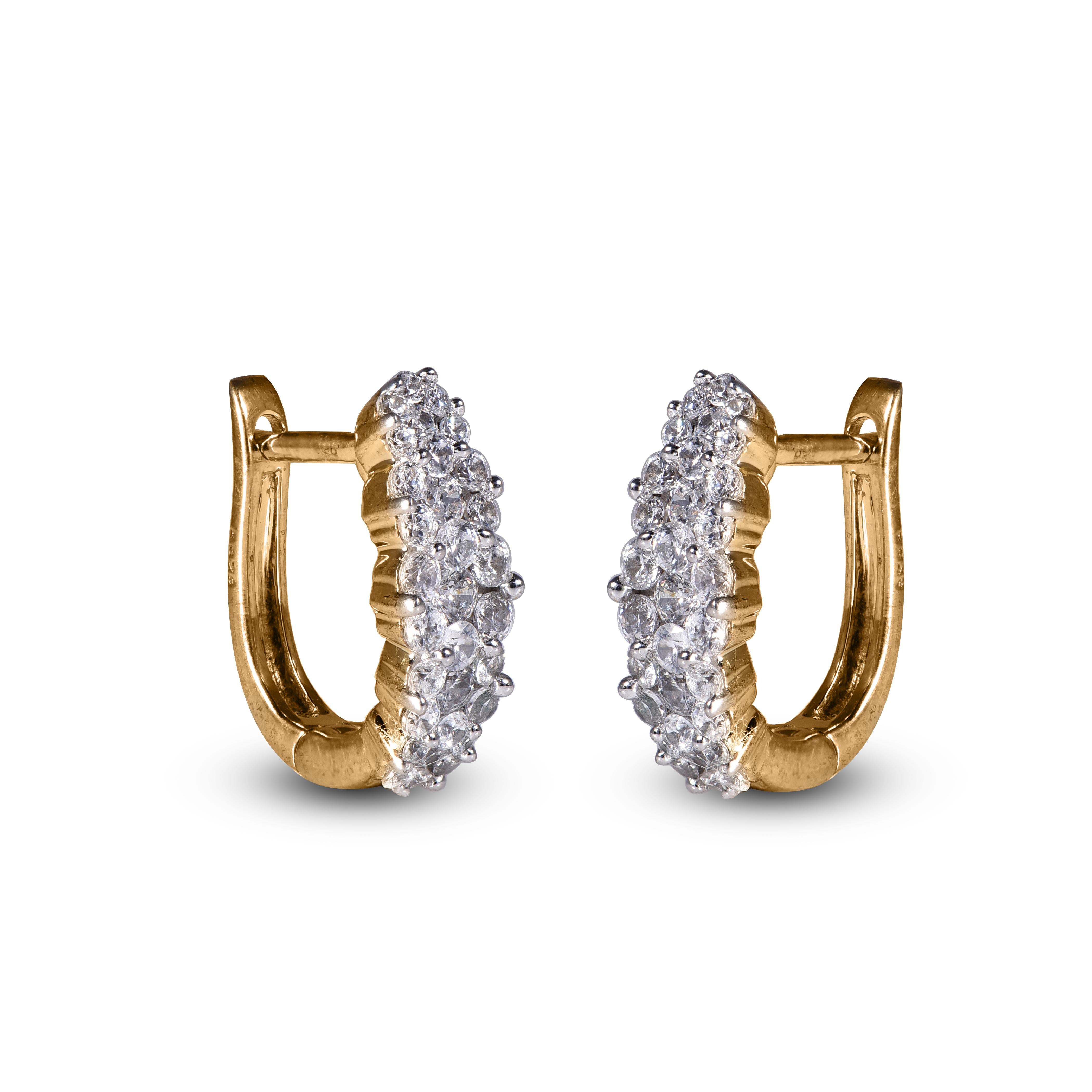 Round Cut TJD 1.00 Carat Round Diamond 18Karat Yellow Gold Cluster Huggie Fashion Earrings For Sale