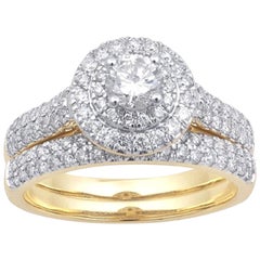 TJD Juego de novia con doble halo de diamantes redondos de 1,00 quilates y oro amarillo de 18 quilates