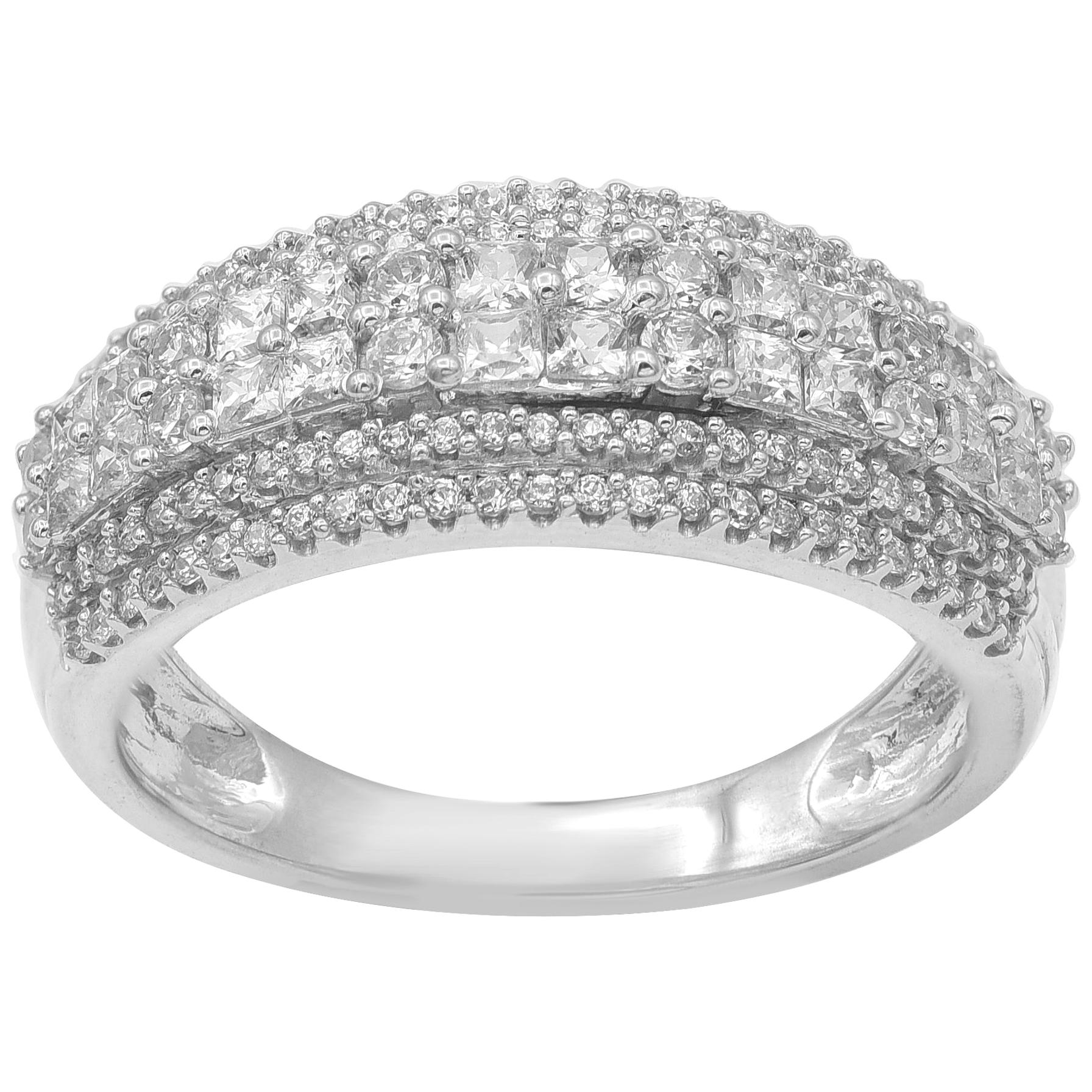 TJD 1.00 Carat Round & Princess Cut 14 Karat White Gold Multi Row Diamond Rings For Sale