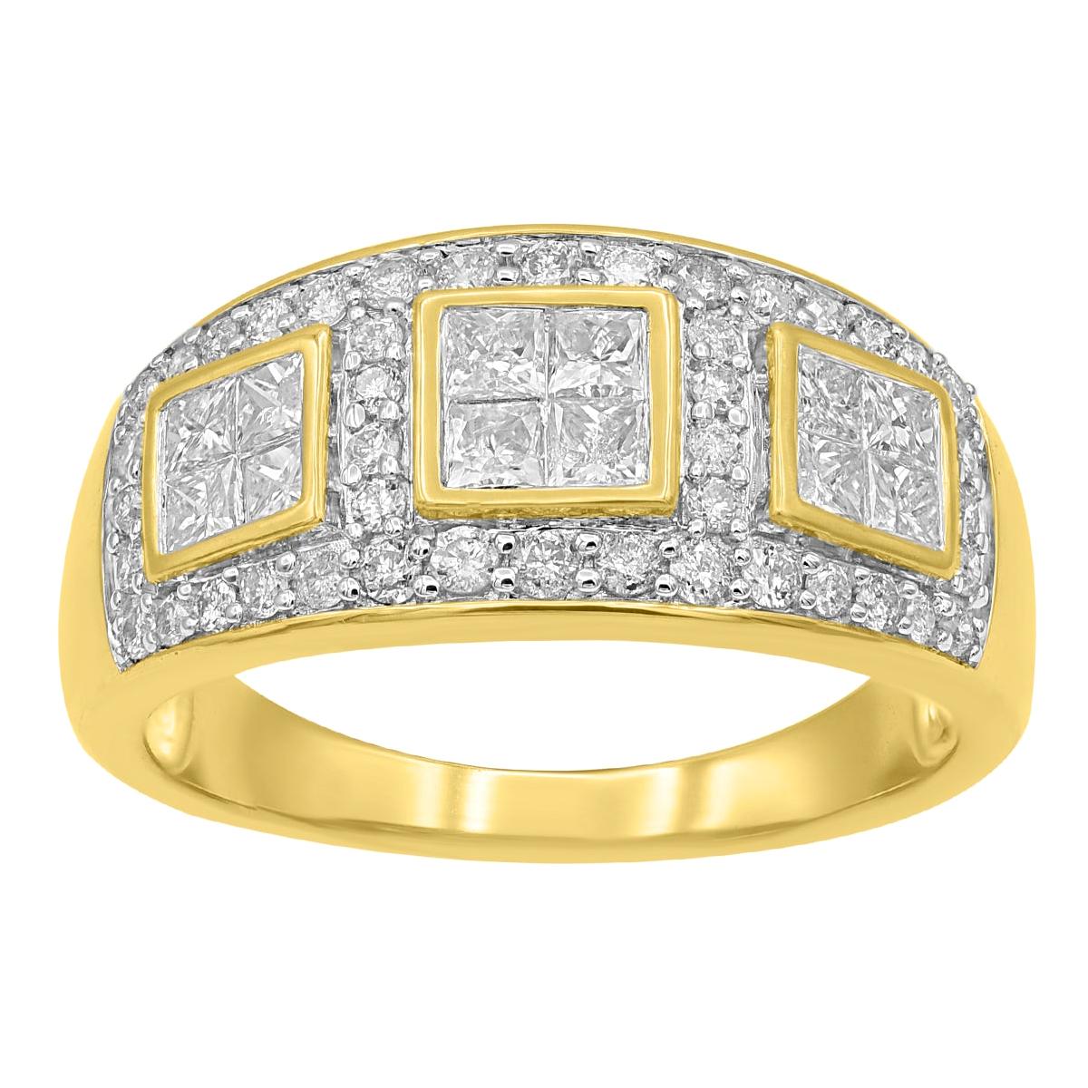 TJD 1 Carat Round & Princess Cut Diamond 14Karat Yellow Gold Square Wedding Band For Sale