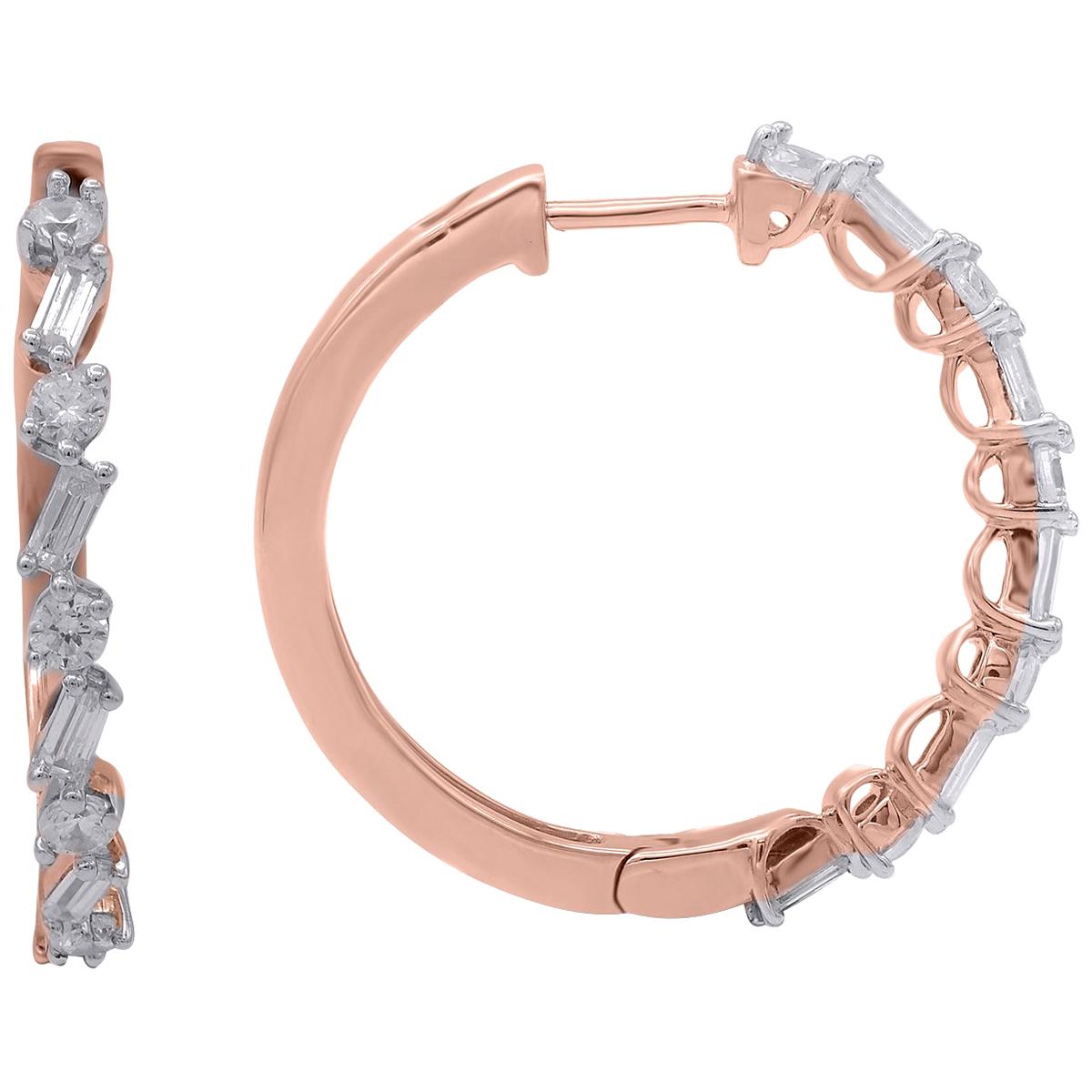 TJD 1.00 Carat Round & Baguette Diamond 14 Karat Rose Gold Fashion Hoop Earrings For Sale