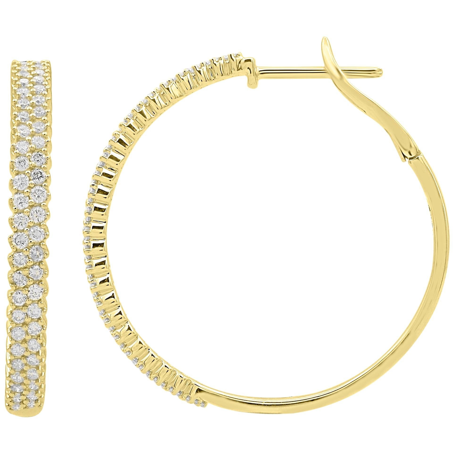TJD 1.00 Carat Round Diamond 14 Karat Yellow Gold Classic Hoop Huggie Earrings For Sale