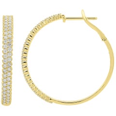 TJD 1.00 Carat Round Diamond 14 Karat Yellow Gold Classic Hoop Huggie Earrings