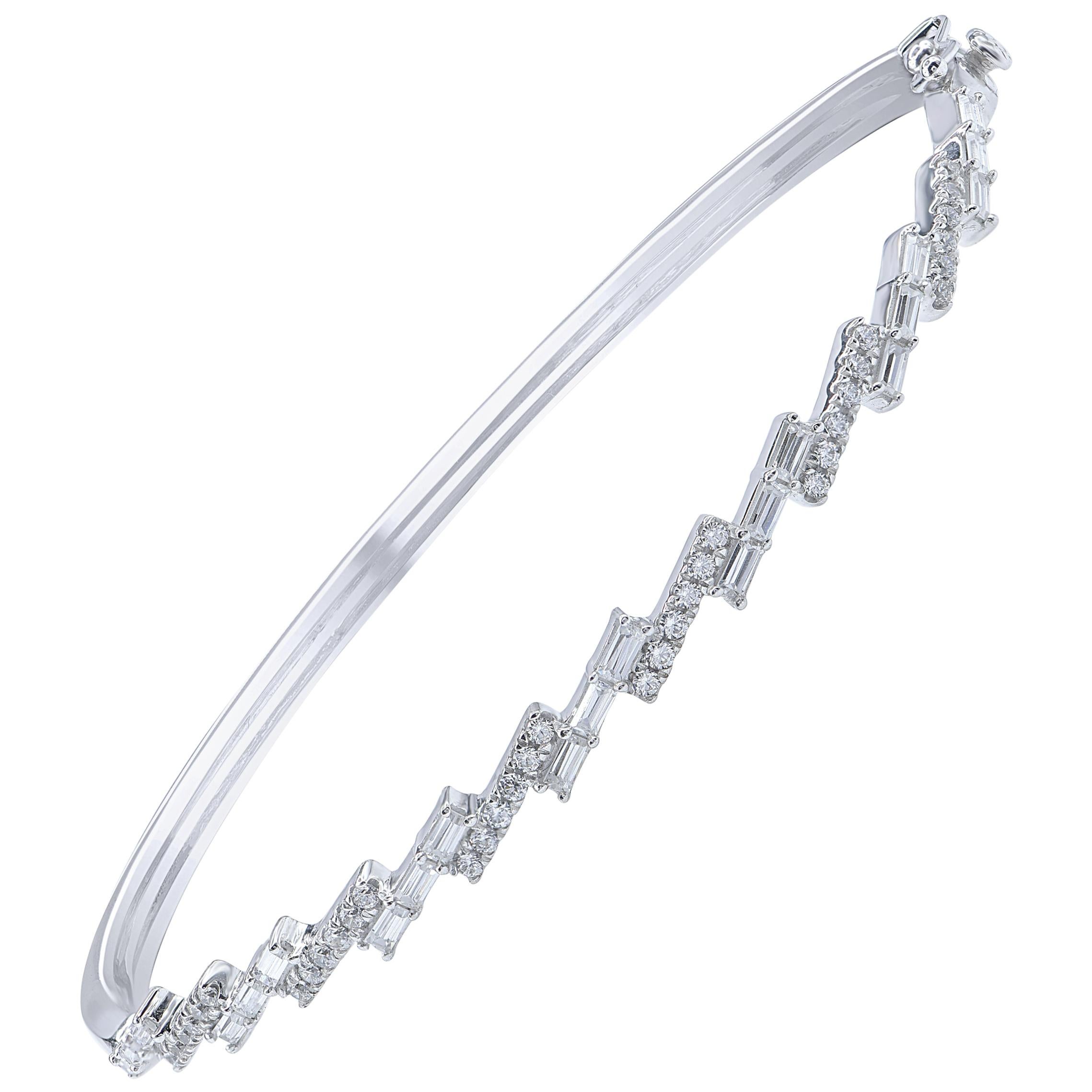 TJD Bracelet jonc zigzag en or blanc 18 carats avec diamants ronds et baguettes de 1,00 carat