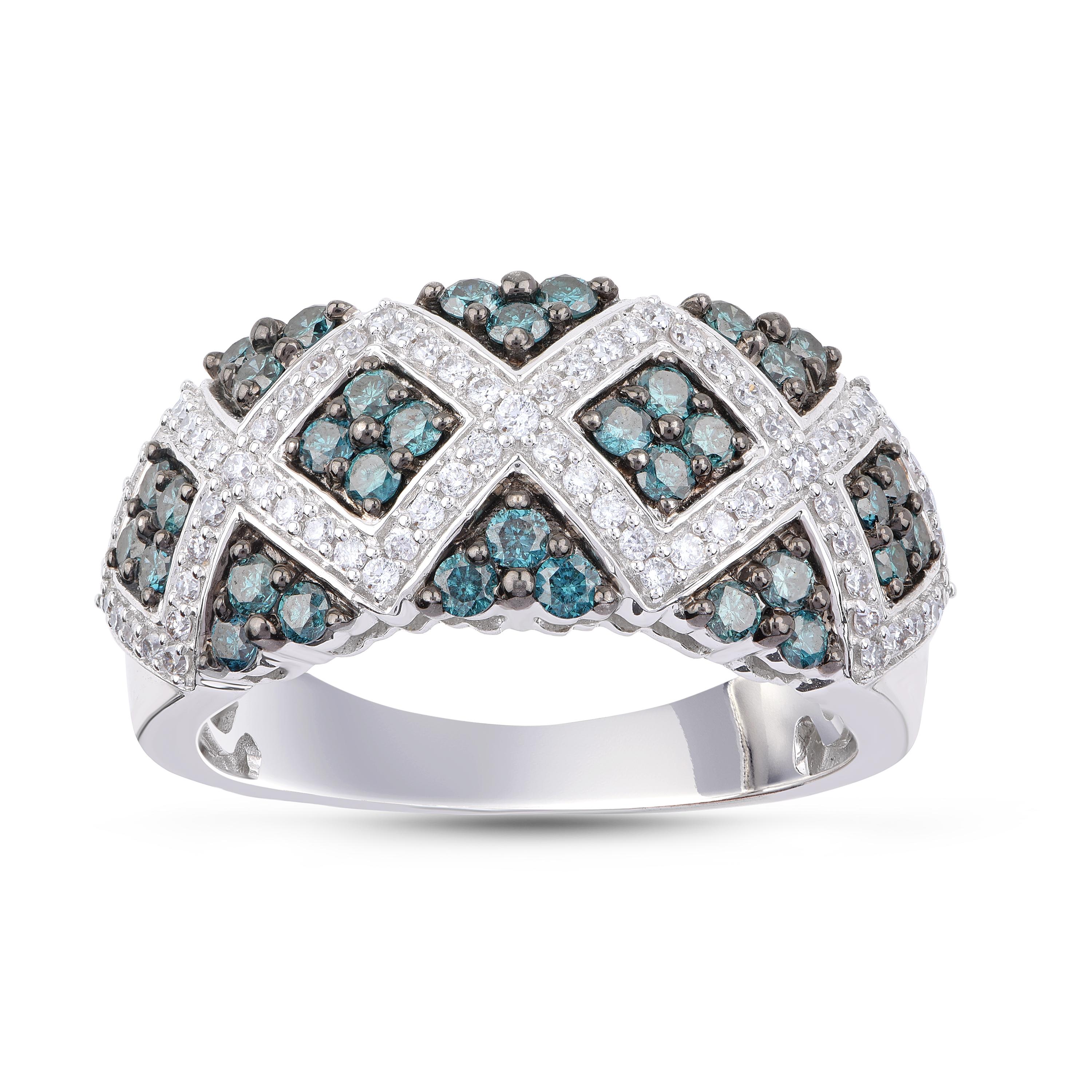 This diamond band is studded with 77 brilliant and 34 blue diamonds in prong and pave setting and designed in 18 kt white gold. Diamonds are graded H-I Color, I2 Clarity. 