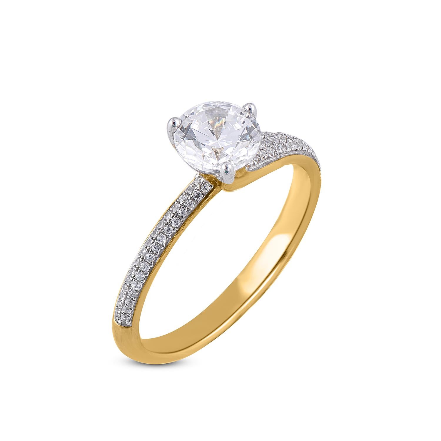 Give a touch of glamour to your fine jewelry collection with this Solitaire engagement ring. It features in 69 round diamond with 0.80 ct centre stone and 0.20 ct round diamond on shank set in micro pave and prong setting. The diamond are natural,
