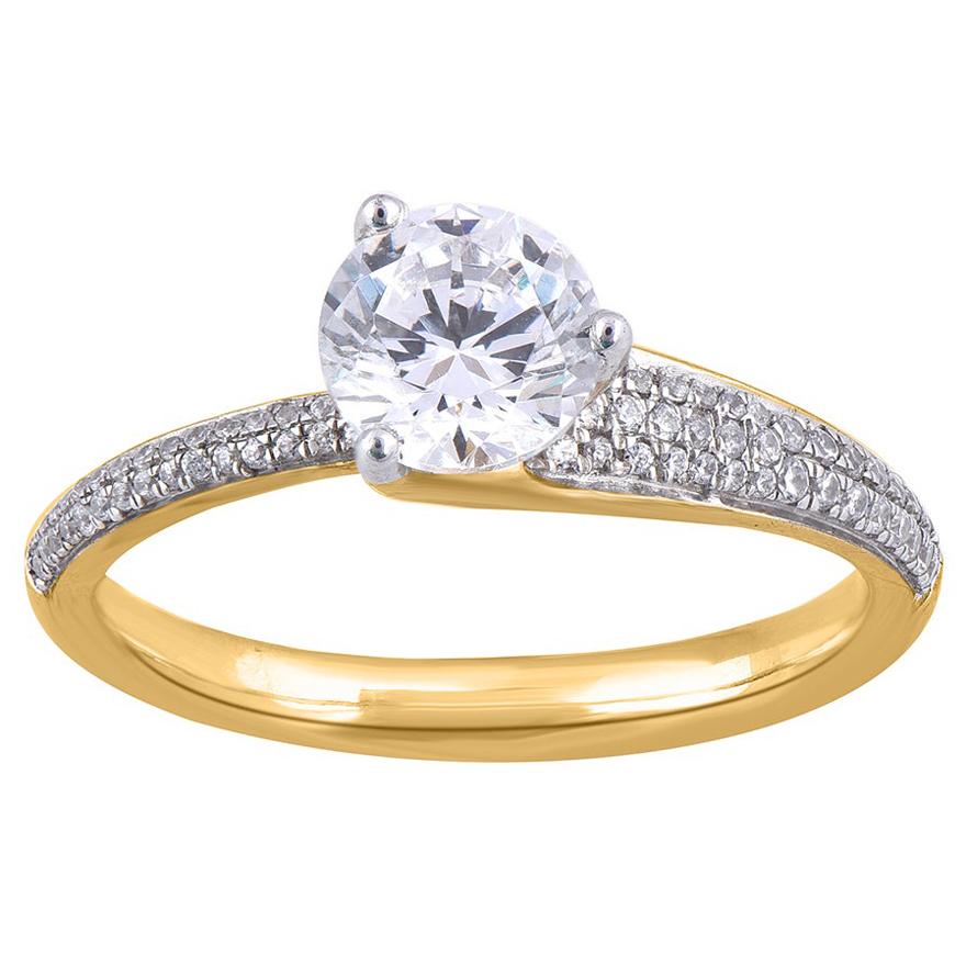 TJD 1.00 Ct Round Diamond 18KT Yellow Gold Solitaire with Shoulder Stones Ring