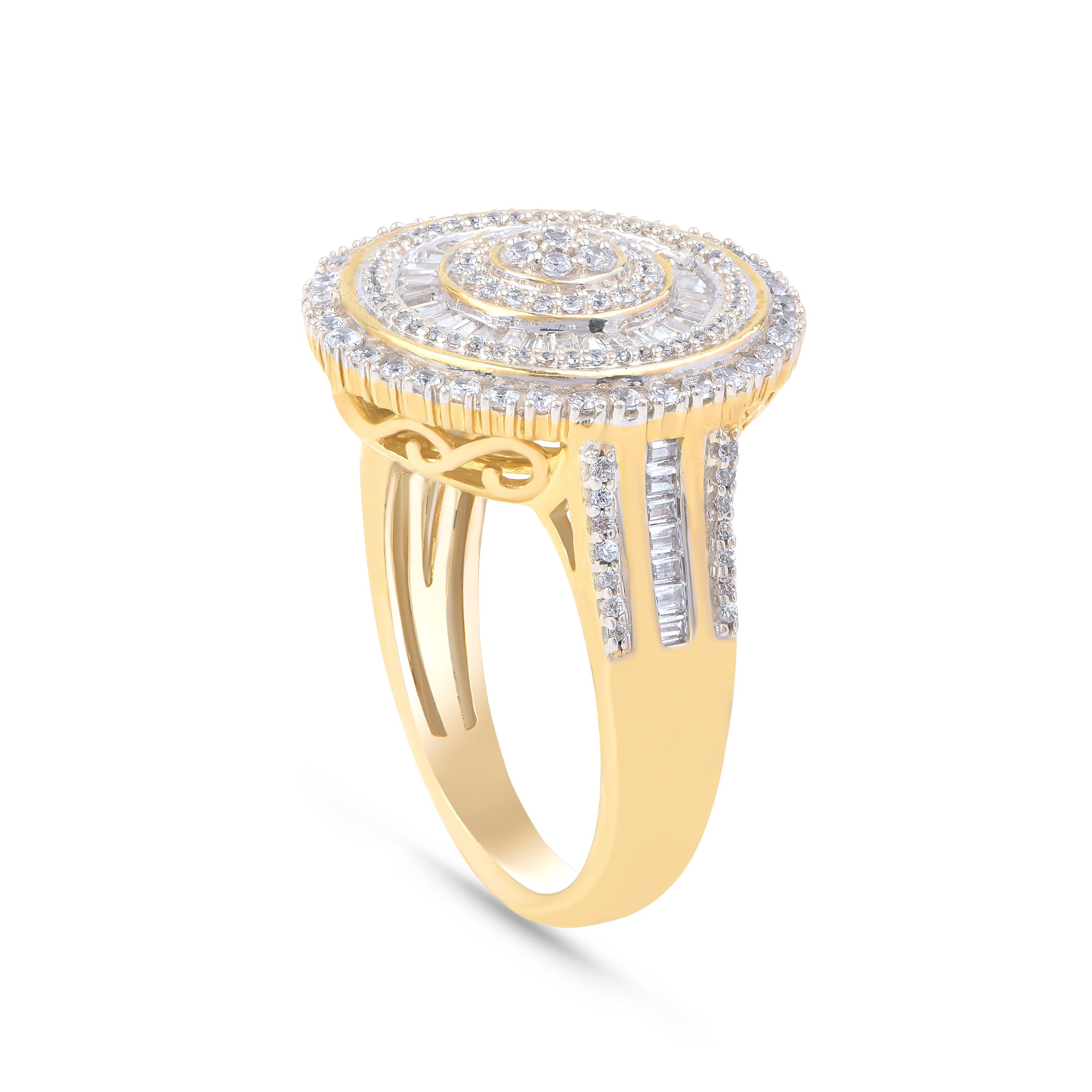 Modern TJD 1.00 CTW Round and Baguette Diamond 18K Yellow Gold Classic Shining Sun Ring For Sale