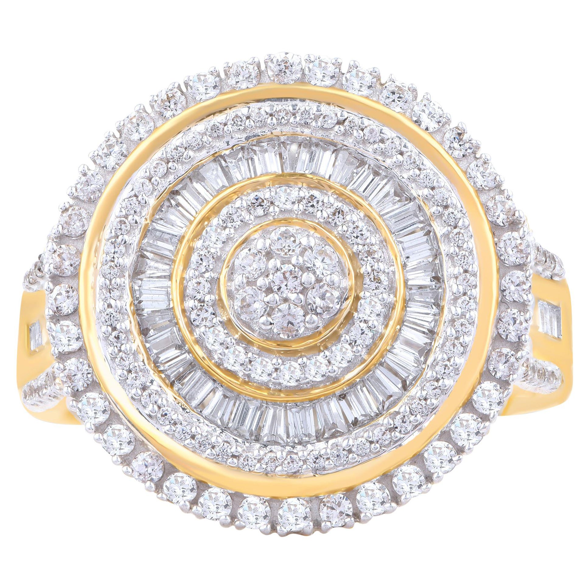 TJD 1.00 CTW Round and Baguette Diamond 18K Yellow Gold Classic Shining Sun Ring For Sale