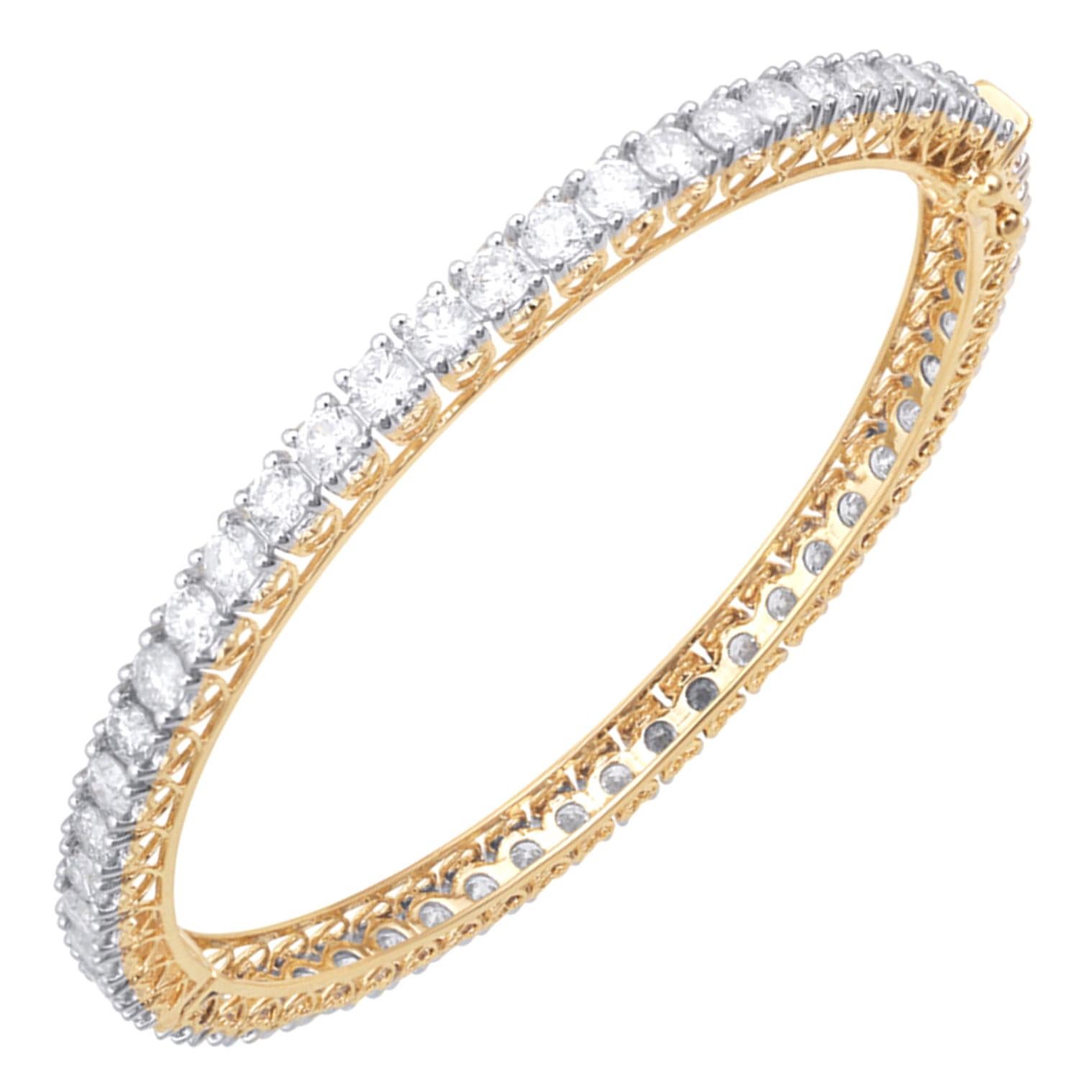TJD 10 Carat Round Diamond 18K Yellow Gold Classis Full Eternity Hinged Bangle For Sale