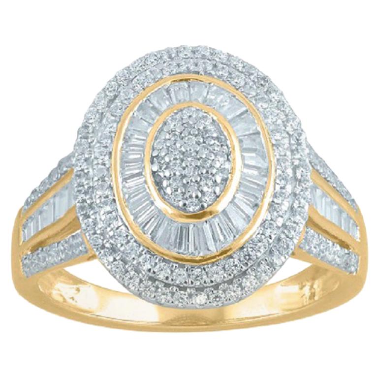 TJD 1.00carat Round and Baguette Diamond 14k Yellow Gold Cluster Oval Shape Ring For Sale
