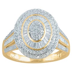 TJD 1.00carat Round and Baguette Diamond 14k Yellow Gold Cluster Oval Shape Ring