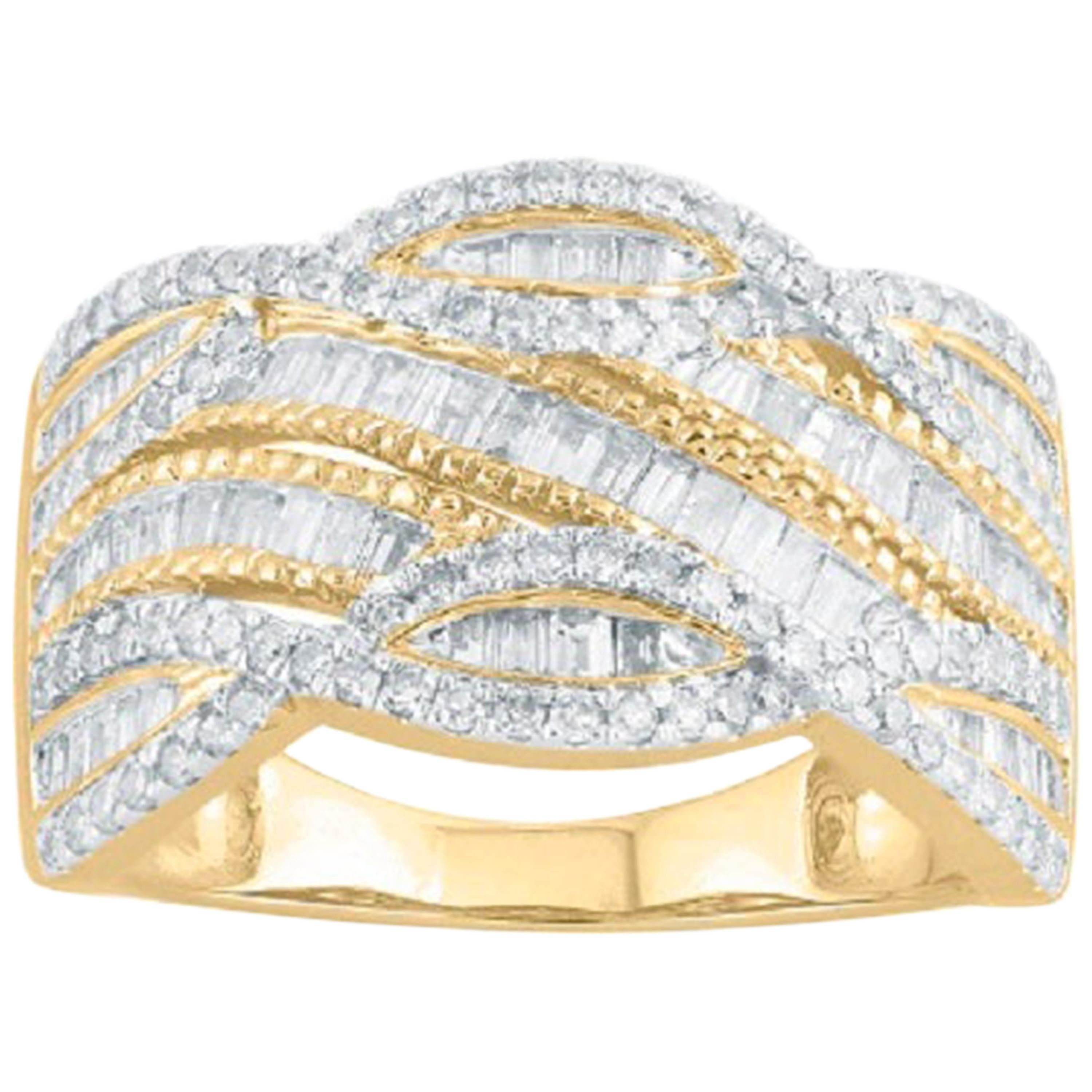 TJD 1.00Carat Round & Baguette Diamond 14 Karat Yellow Gold Layered Fashion Ring For Sale