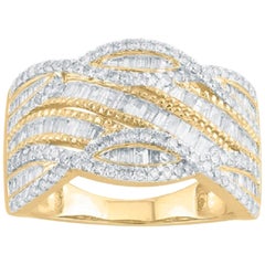 TJD 1.00Carat Round & Baguette Diamond 14 Karat Yellow Gold Layered Fashion Ring