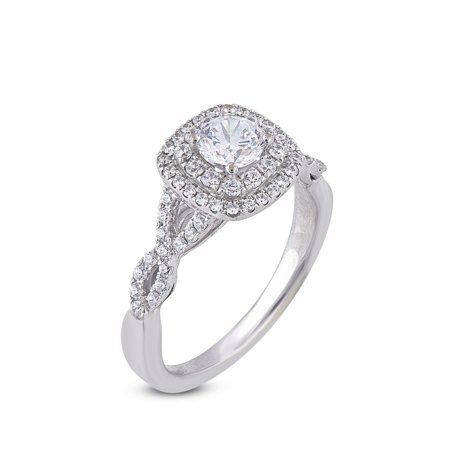 This immaculate double halo engagement ring combines sparkling style with delicate femininity from the twisted split shank. The twists give the ring a ribbon-like effect that is ladylike and reminiscent of a bow this ring is expertly crafted in 18