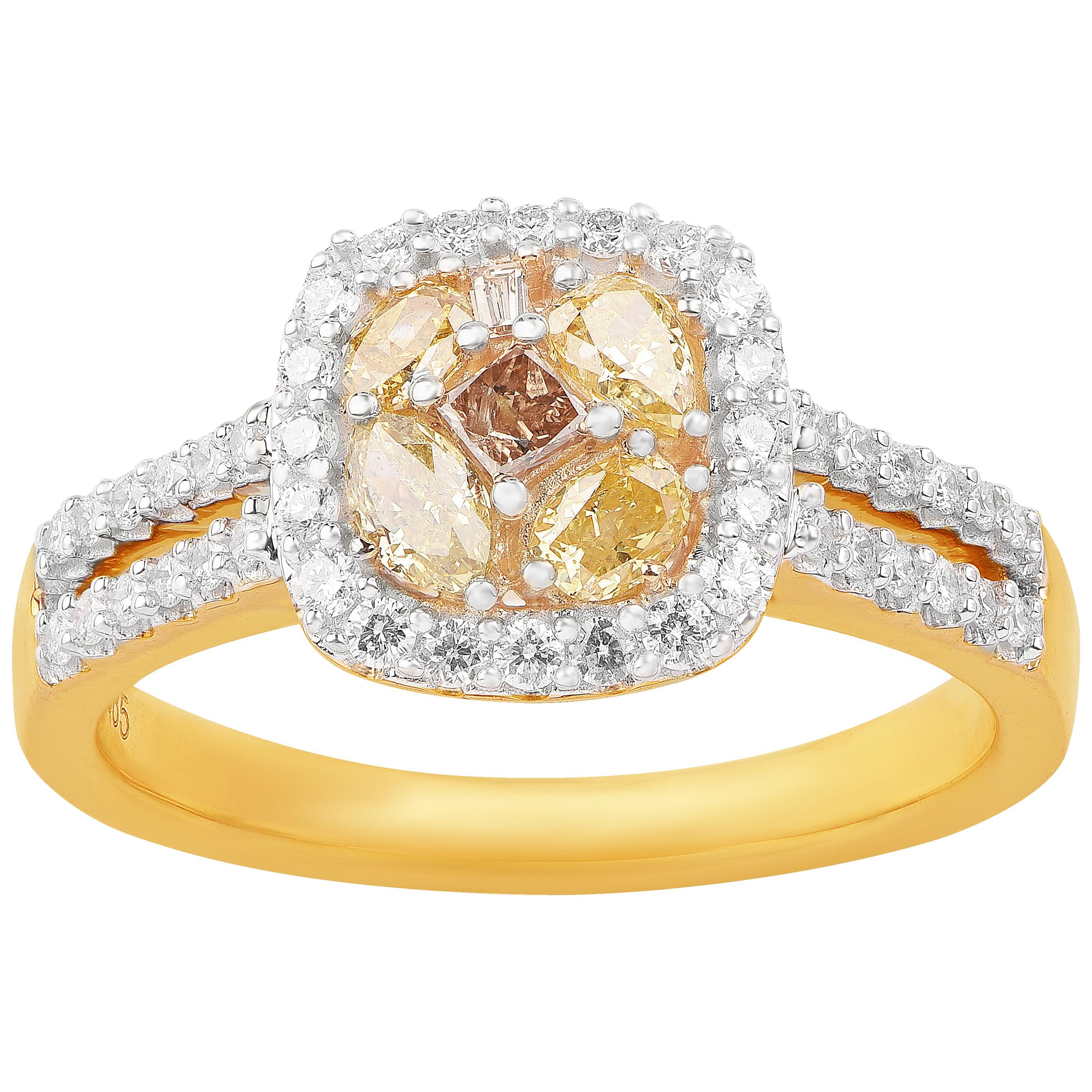 TJD 1.00 Carat Multicolor Diamond 14 K Yellow Gold Cushion Shape Engagement Ring