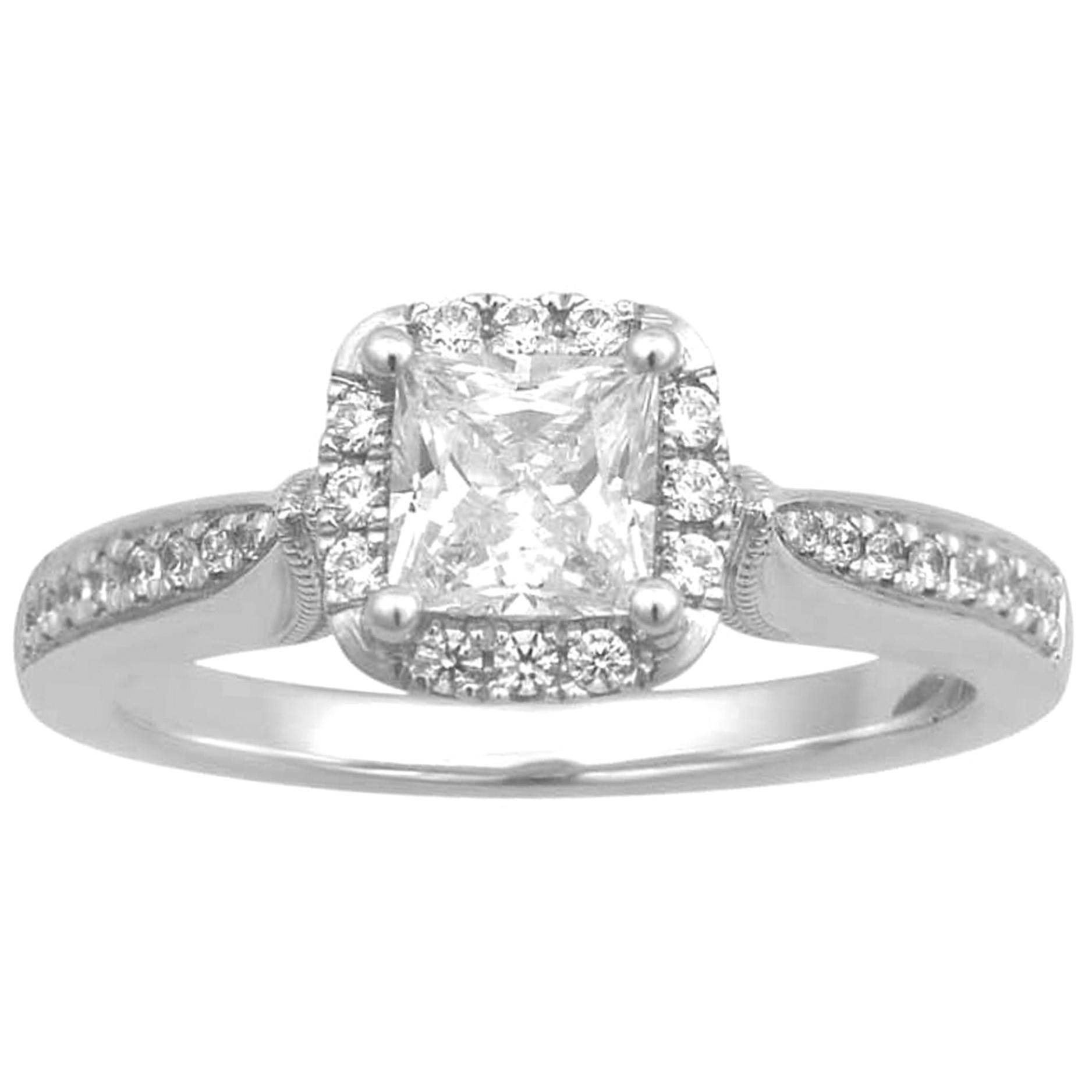 TJD 1.00 Carat Round & Princess Cut Diamond 18K White Gold Halo Engagement Ring