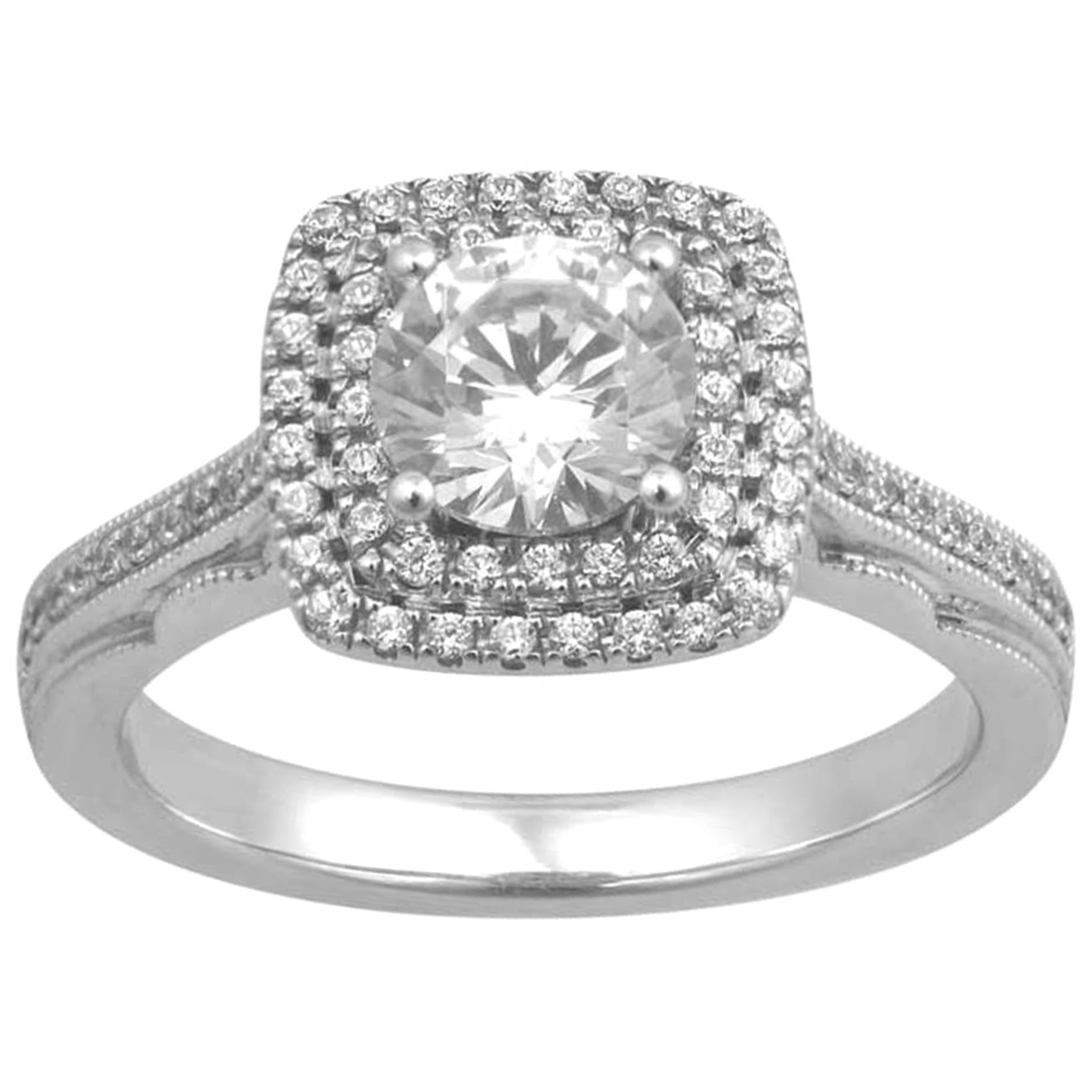 TJD 1.00 Carat Round Diamond 14 Karat White Gold Double Halo Engagement Ring