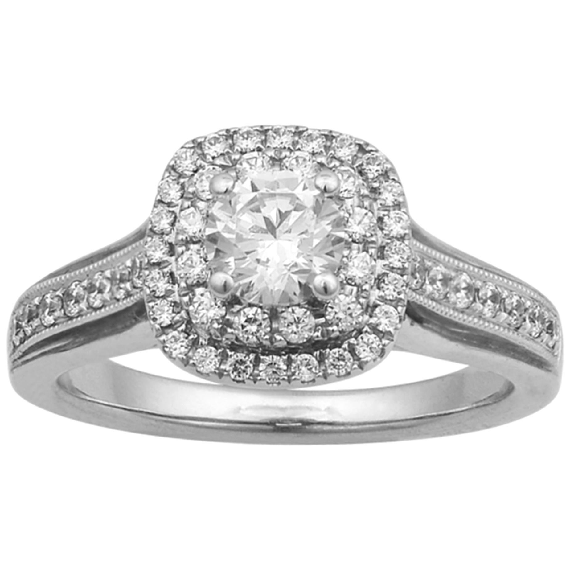 TJD 1.00 Carat Round Diamond 14 Karat White Gold Double Halo Engagement Ring For Sale