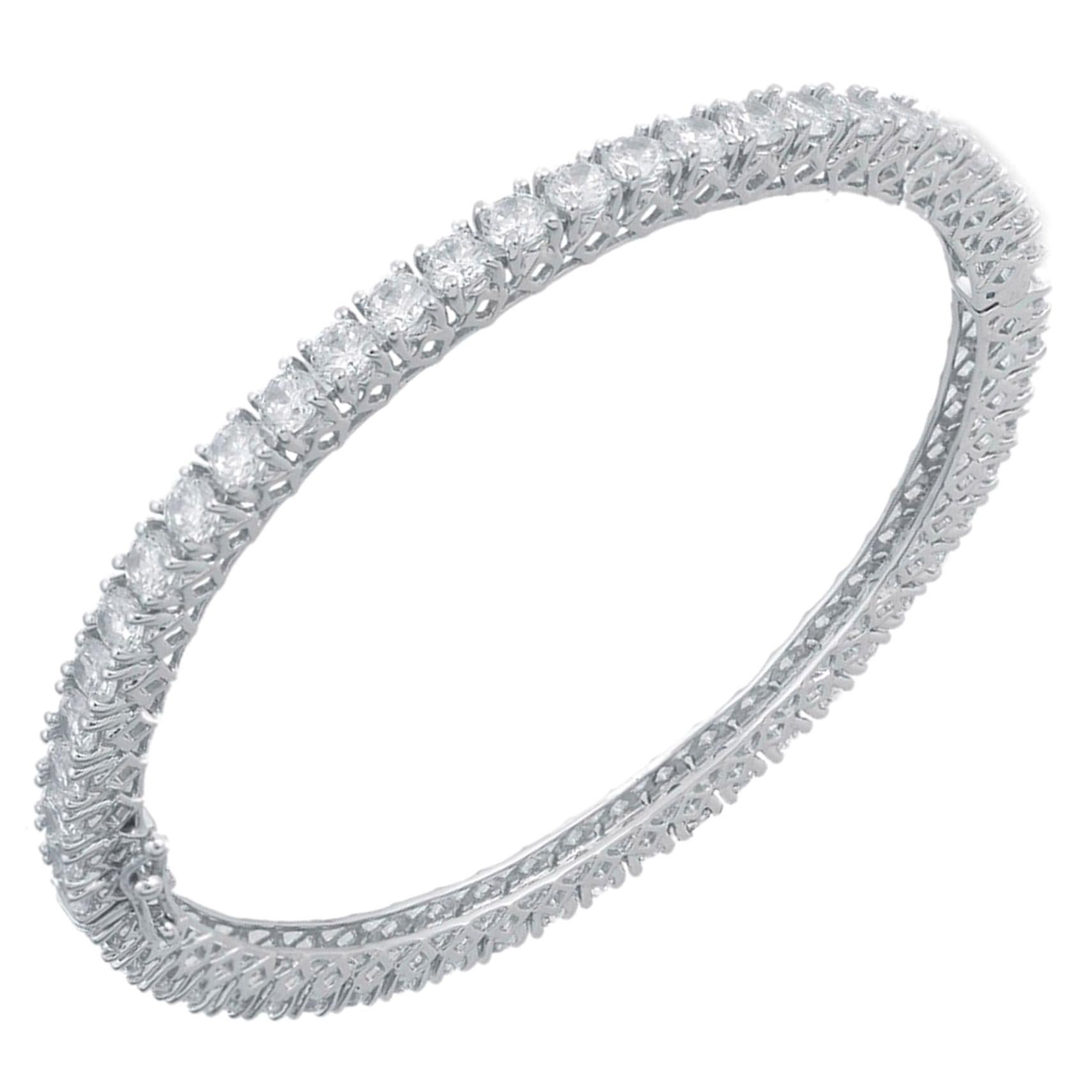 TJD 10.80 Carat Round Diamond 18K White Gold Classis Full Eternity Hinged Bangle For Sale