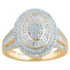 TJD Bague de forme ovale en or jaune 14KT avec diamants ronds et baguettes de 1,0 carat