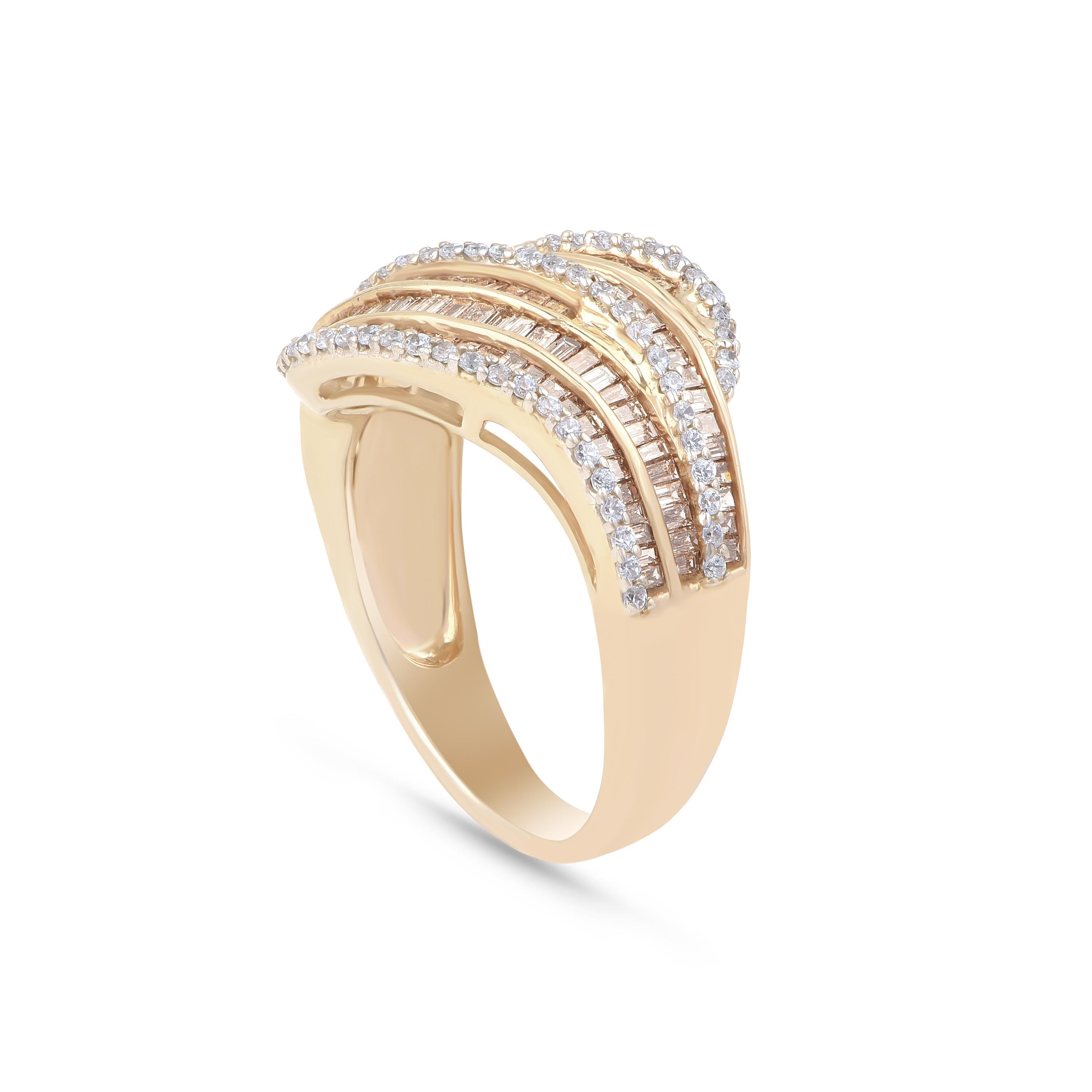 Modern TJD 1.10 Carat Champagne and White Diamond 18 Karat Yellow Gold Multi Row Ring For Sale